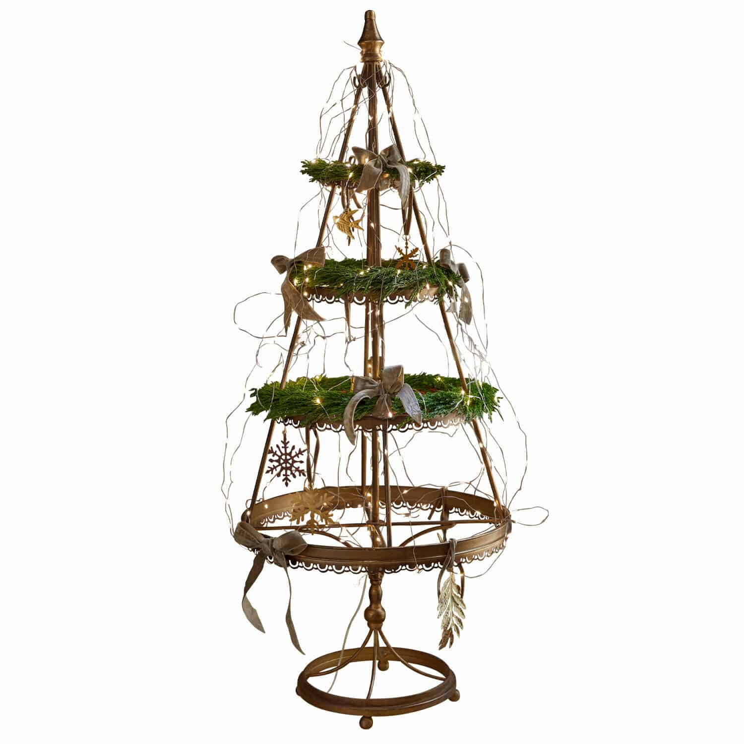 Albero decorativo Yolivine Decorazione natalizia in metallo a forma di albero con ghirlande verdi e luci LED