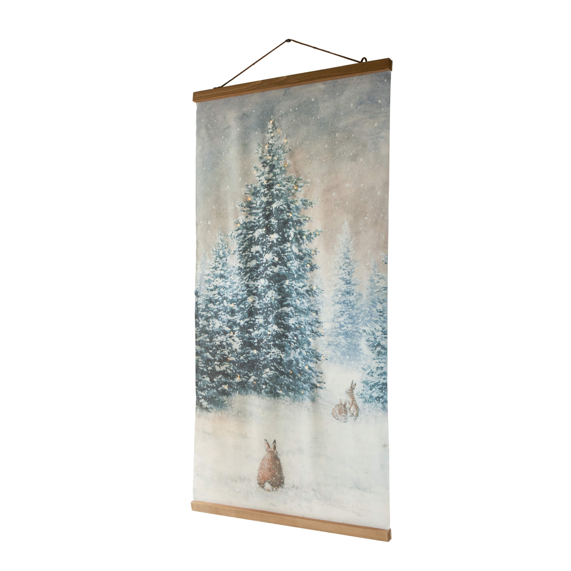 Decorazione da parete in tessuto con motivo invernale di alberi innevati e conigli, cornice in legno