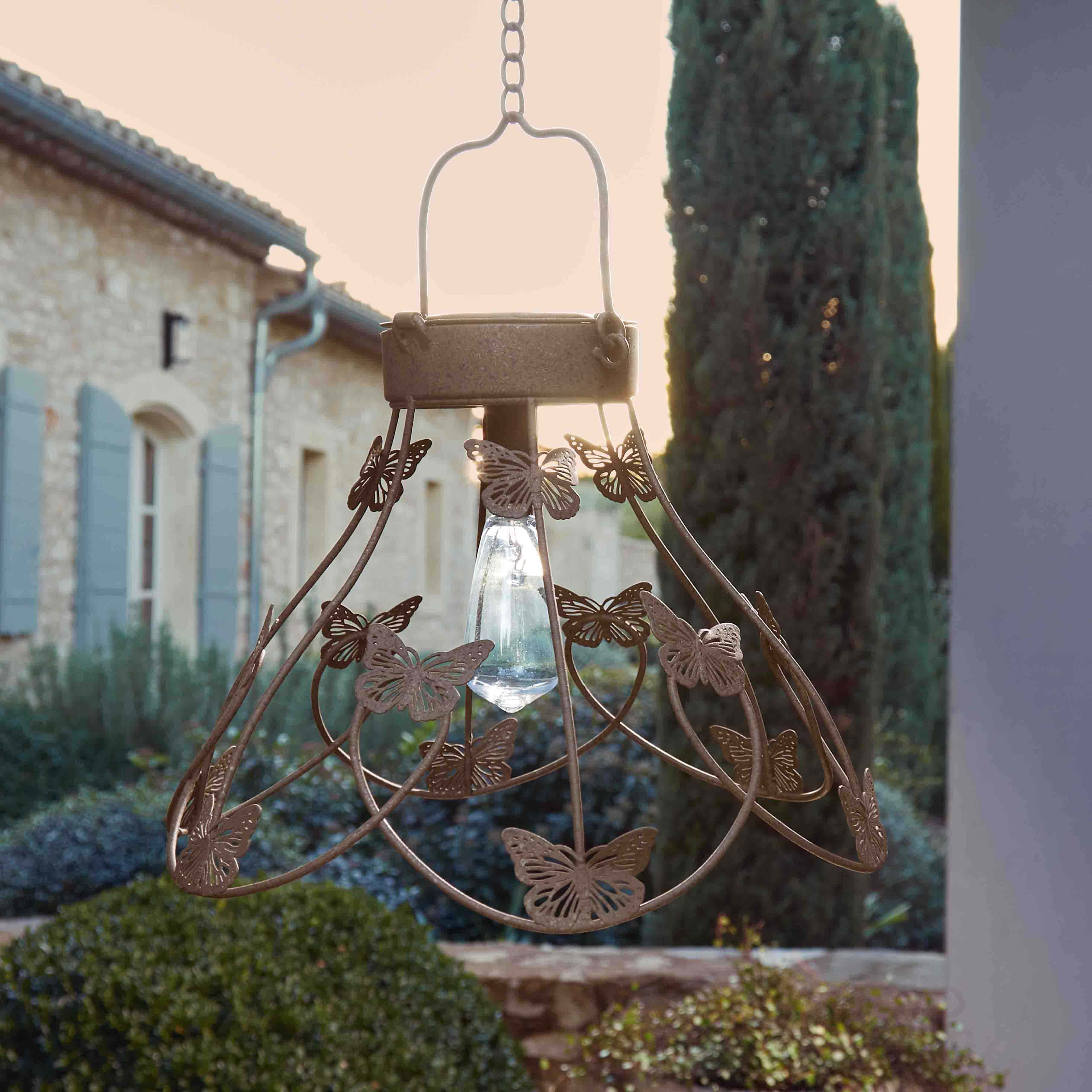 Lampada a sospensione in metallo arrugginito con farfalle, lampada decorativa da giardino con LED