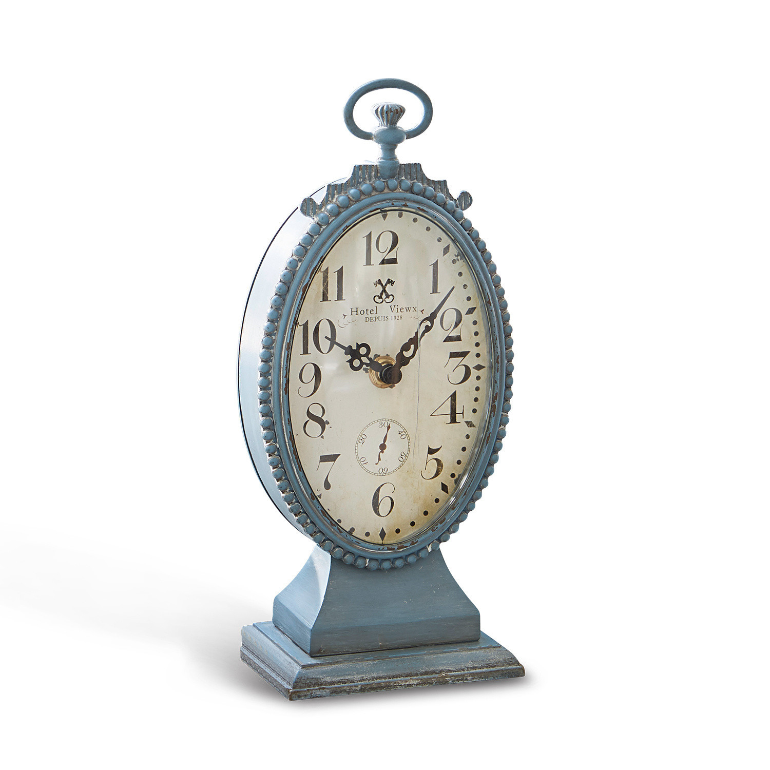 Orologio Michelet Orologio da tavolo ovale in metallo blu con quadrante antico e numeri arabi decorativi