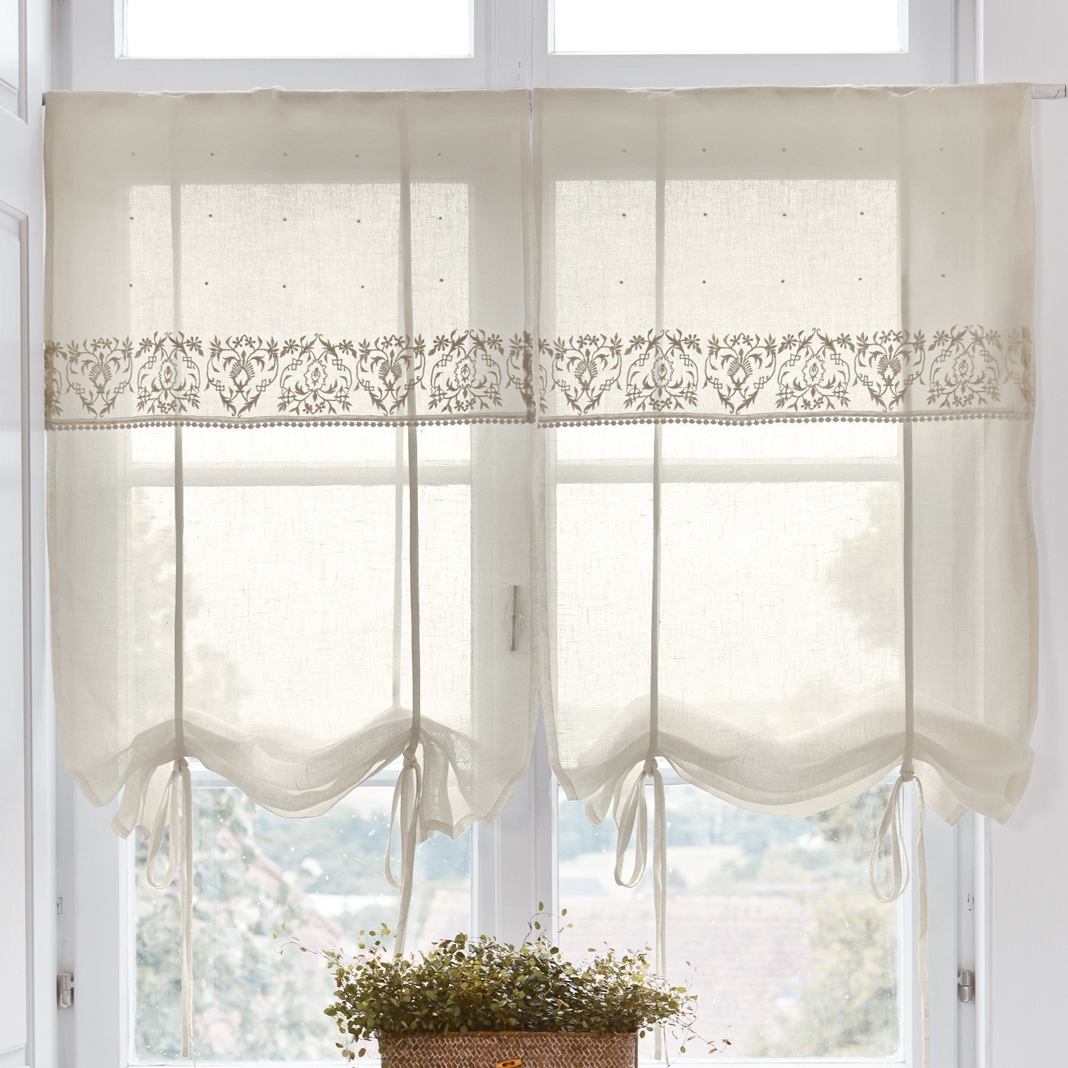 Tendina a vetro Darice Tenda beige in tessuto leggero con ricamo e lacci, decorazione per finestra