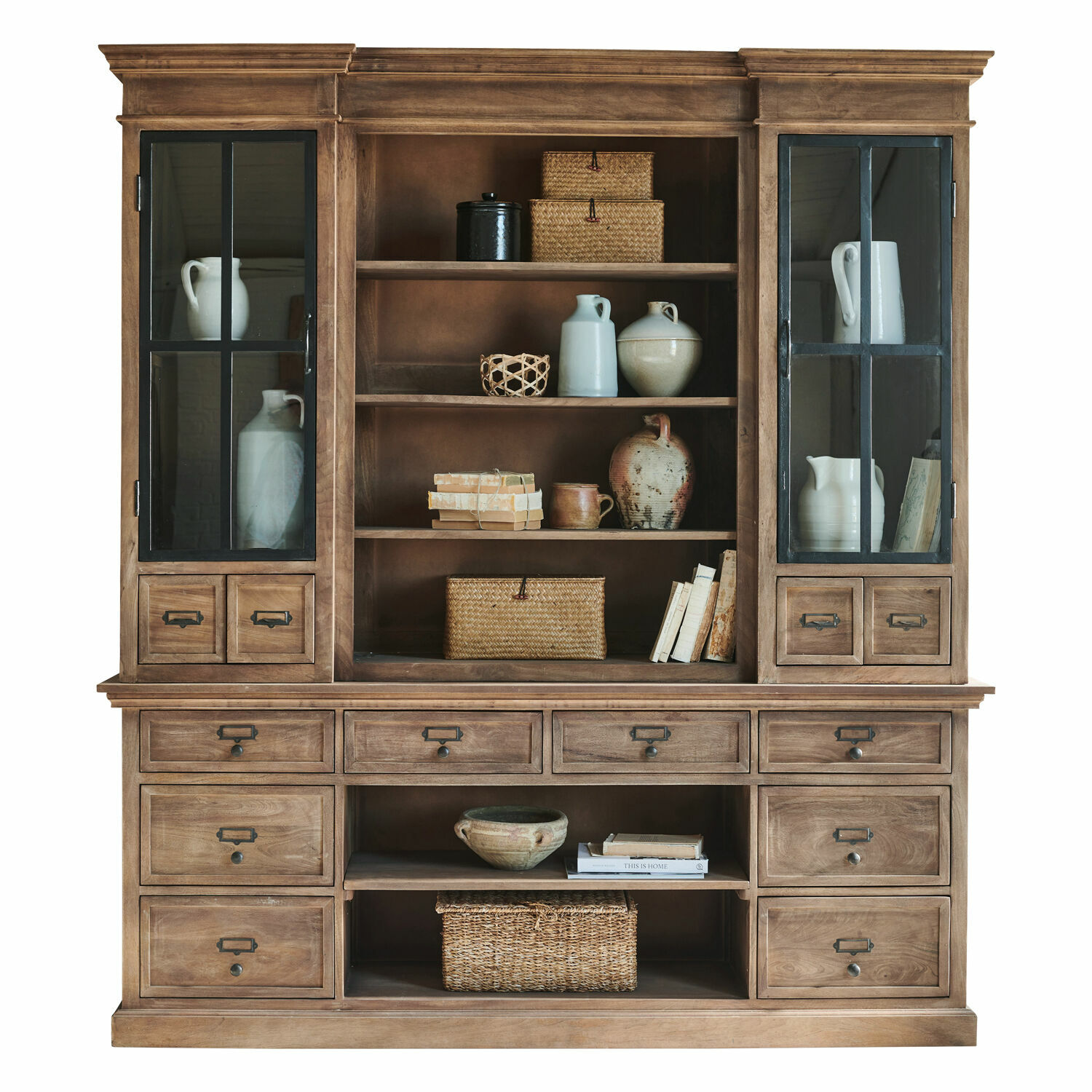 Credenza con cristalliera Horsens Grande vetrina in legno naturale con cassetti e ante in vetro, mobile per soggiorno