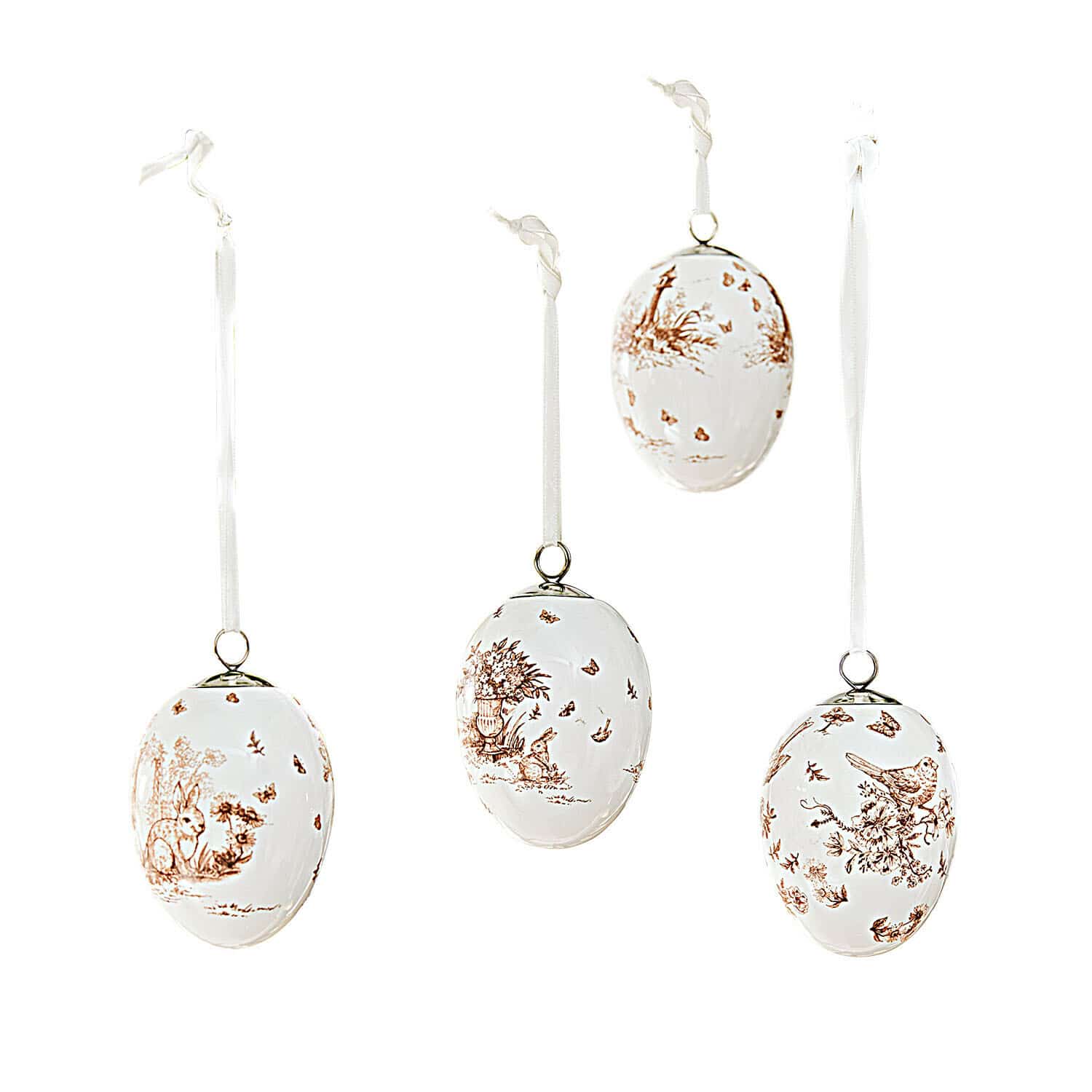 Set di 4 decorazioni da appendere Seravoux Set di quattro uova in ceramica bianca con motivi marroni di animali e piante, decorazioni pasquali appese