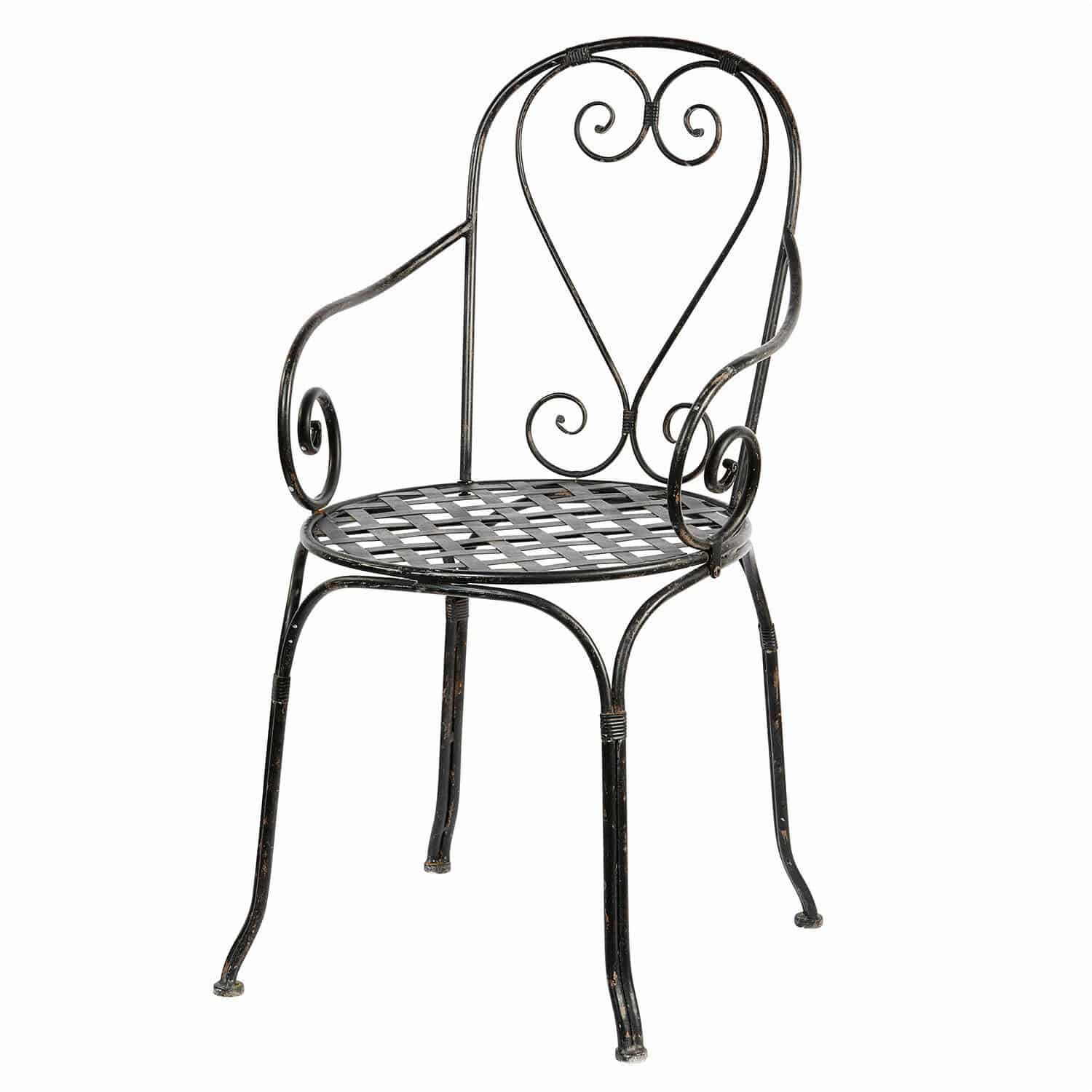Sedia Aube Sedia da giardino in metallo nero con seduta traforata e decorazioni a spirale, mobile in metallo