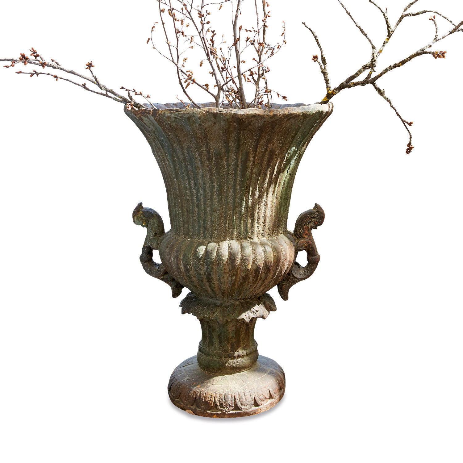 Anfora Estefanie Grande vaso decorativo in metallo verde patinato con rami decorativi per interni o giardino