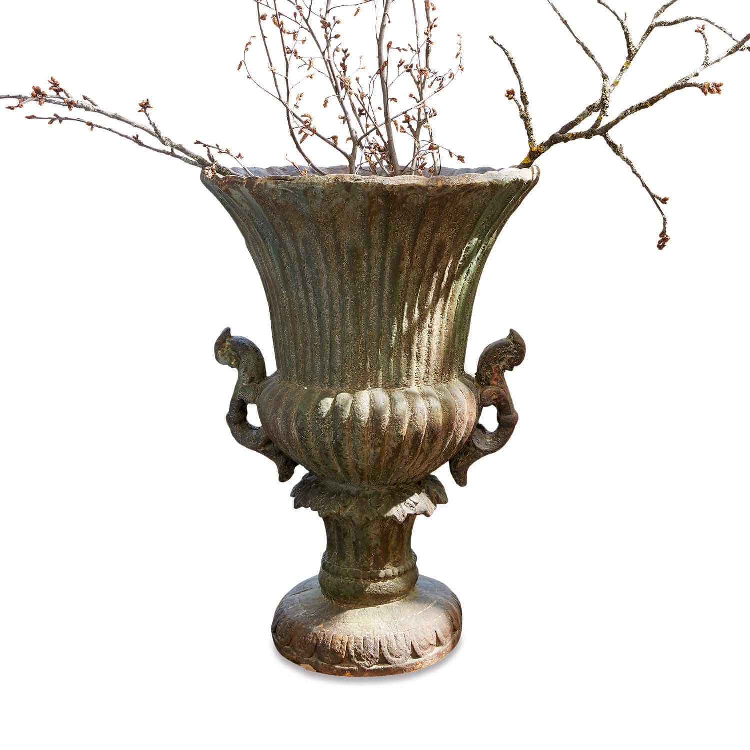 Anfora Estefanie Grande vaso decorativo in metallo verde patinato con rami decorativi per interni o giardino
