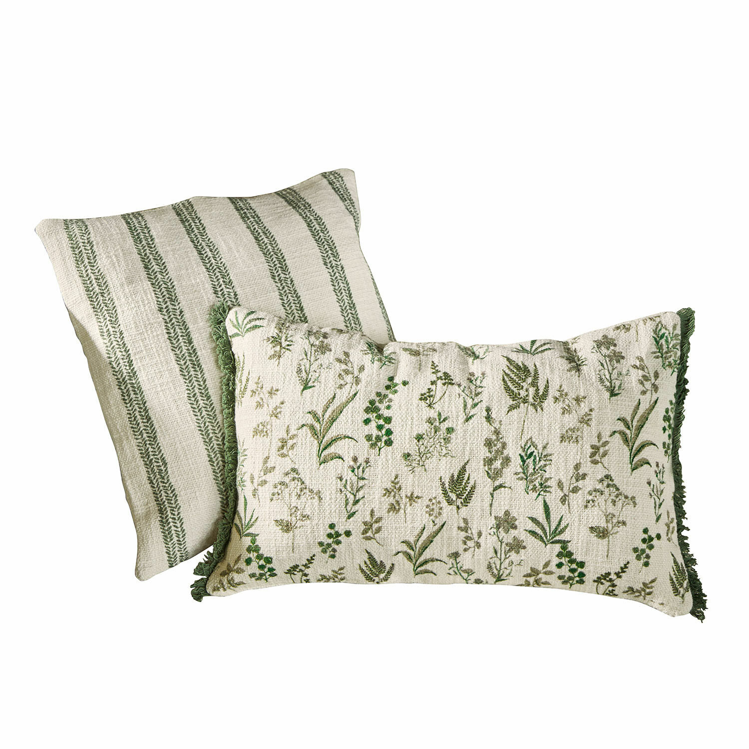 Coppia di copricuscini Wescombe Set di due cuscini decorativi in cotone con motivi vegetali verdi e righe crema