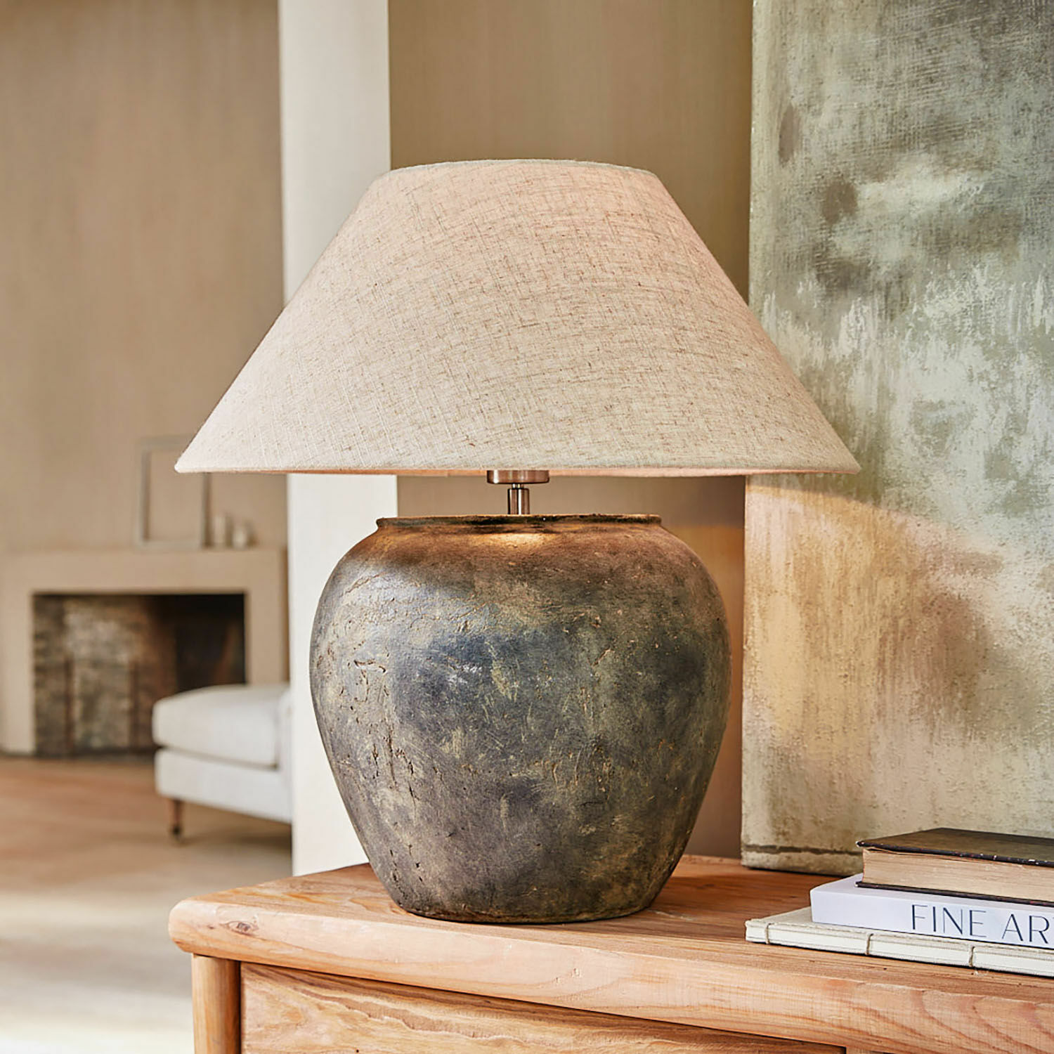 Lampada da tavolo Lampada da tavolo con base in ceramica grigio scuro e paralume beige per soggiorno