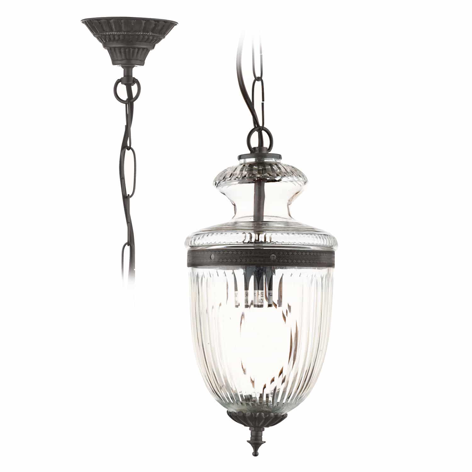 Lampada a sospensione Marcel Lampada a sospensione in vetro con elementi metallici neri, lampada da soffitto decorativa