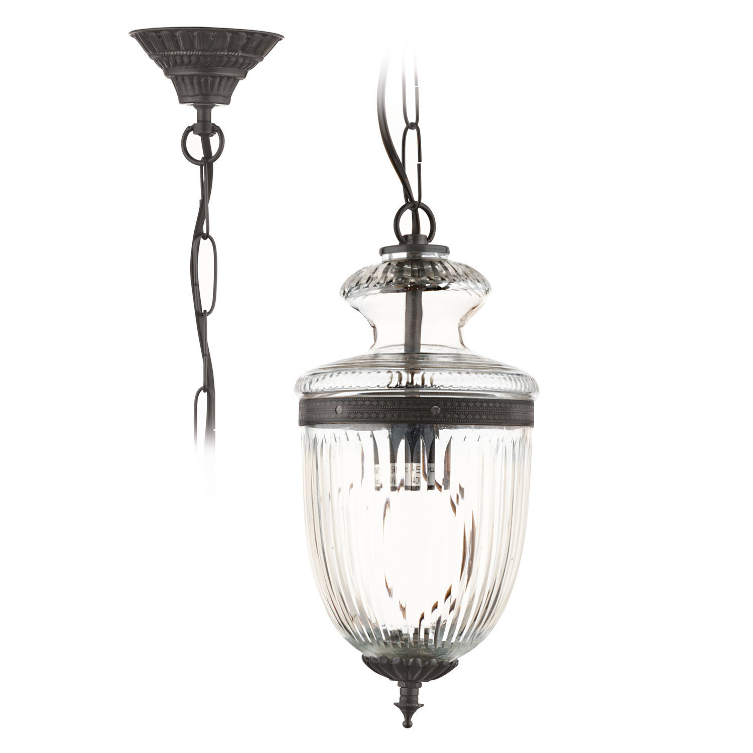 Lampada a sospensione Marcel Lampada a sospensione in vetro con elementi metallici neri, lampada da soffitto decorativa