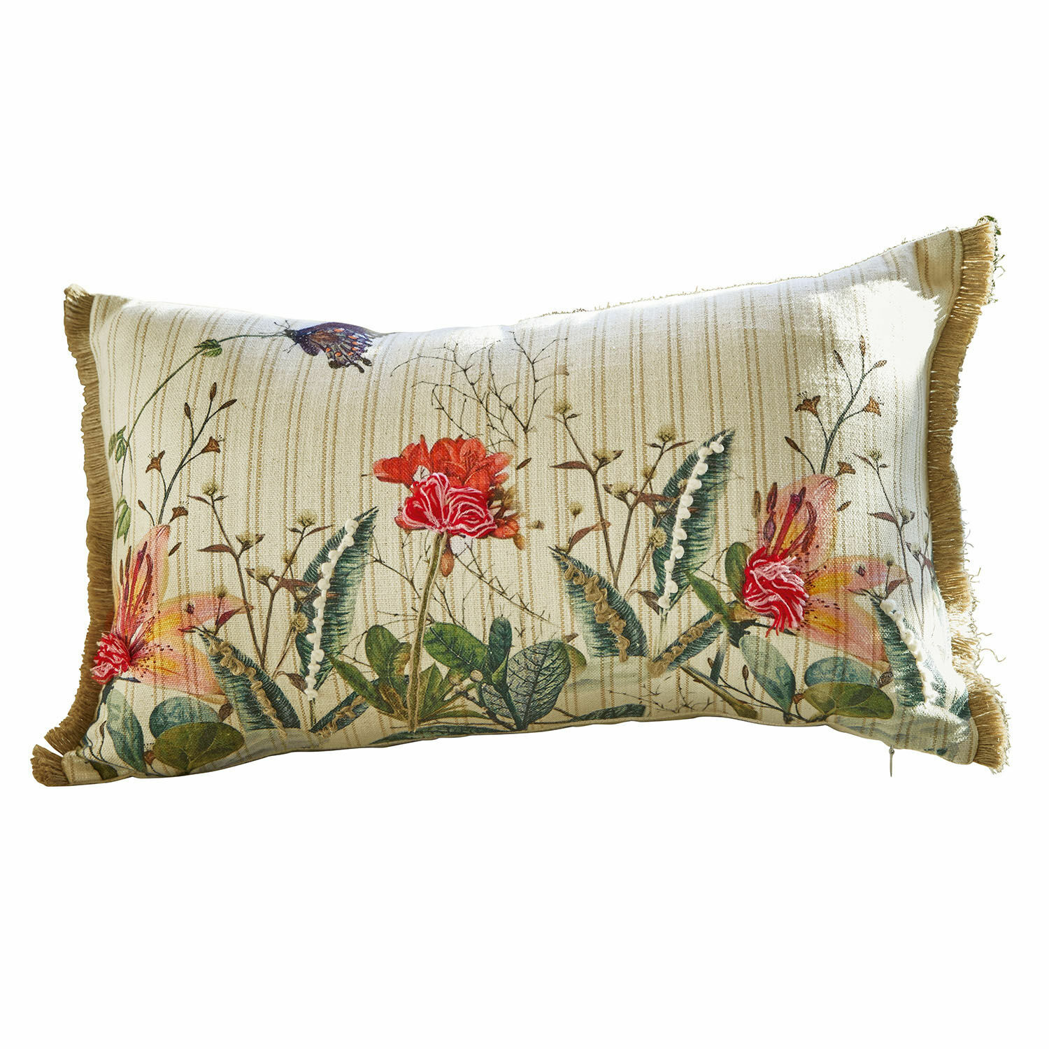 Copricuscino Floriania Cuscino rettangolare in cotone beige a righe con stampa floreale e frange decorative