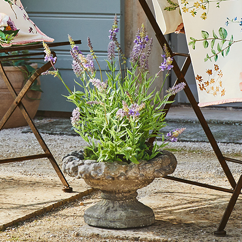 Vaso decorativo in pietra con lavanda, stile rustico, decorazione naturale per terrazza