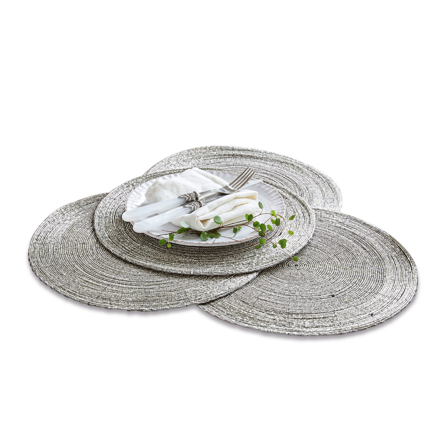 Set di 4 sottopiatti Barningham Set di tre tovagliette rotonde argento in materiale intrecciato per elegante decorazione tavola