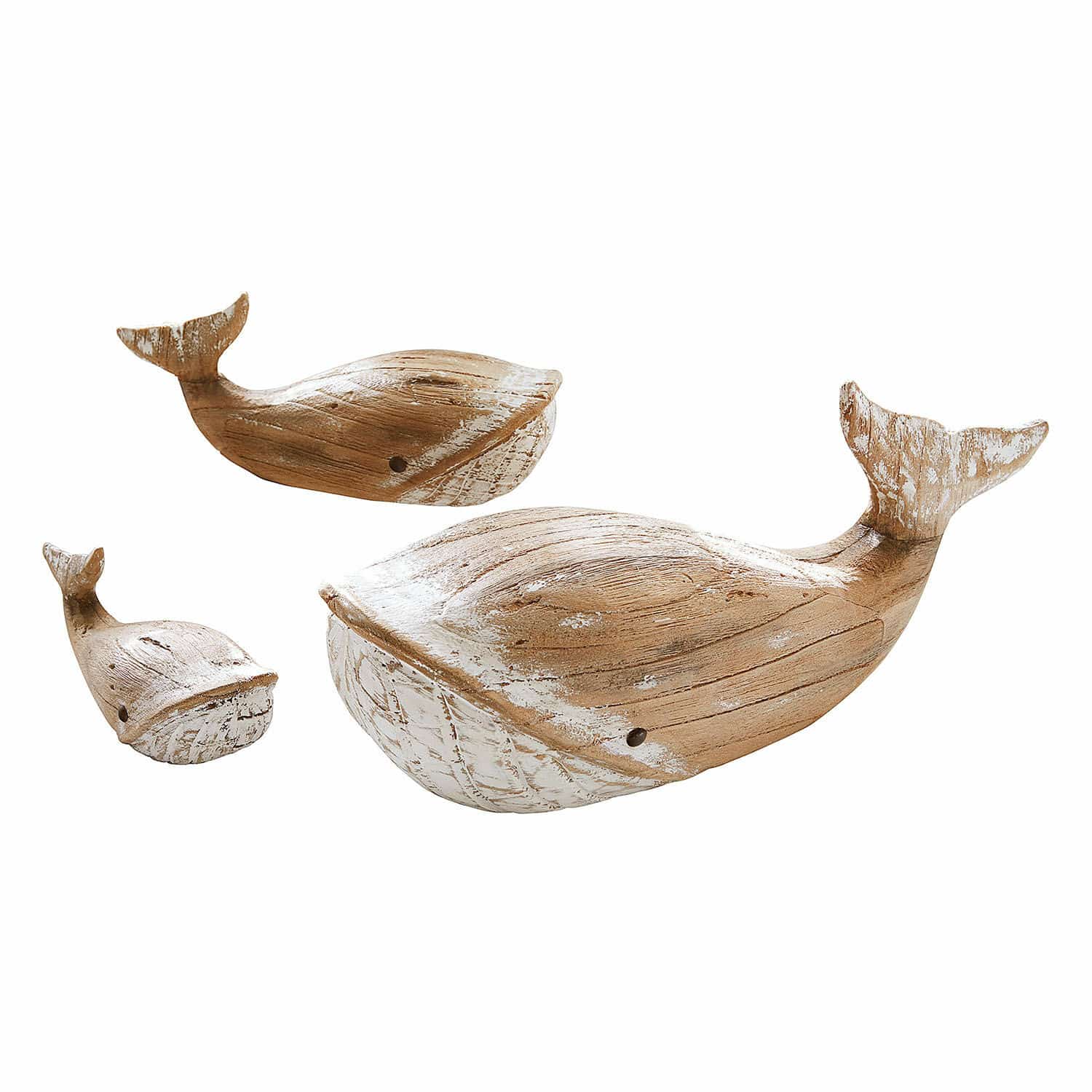 Set di 3 balene decorative Breezie Set di tre decorazioni a forma di balena in legno naturale con finitura bianca, complemento d'arredo.