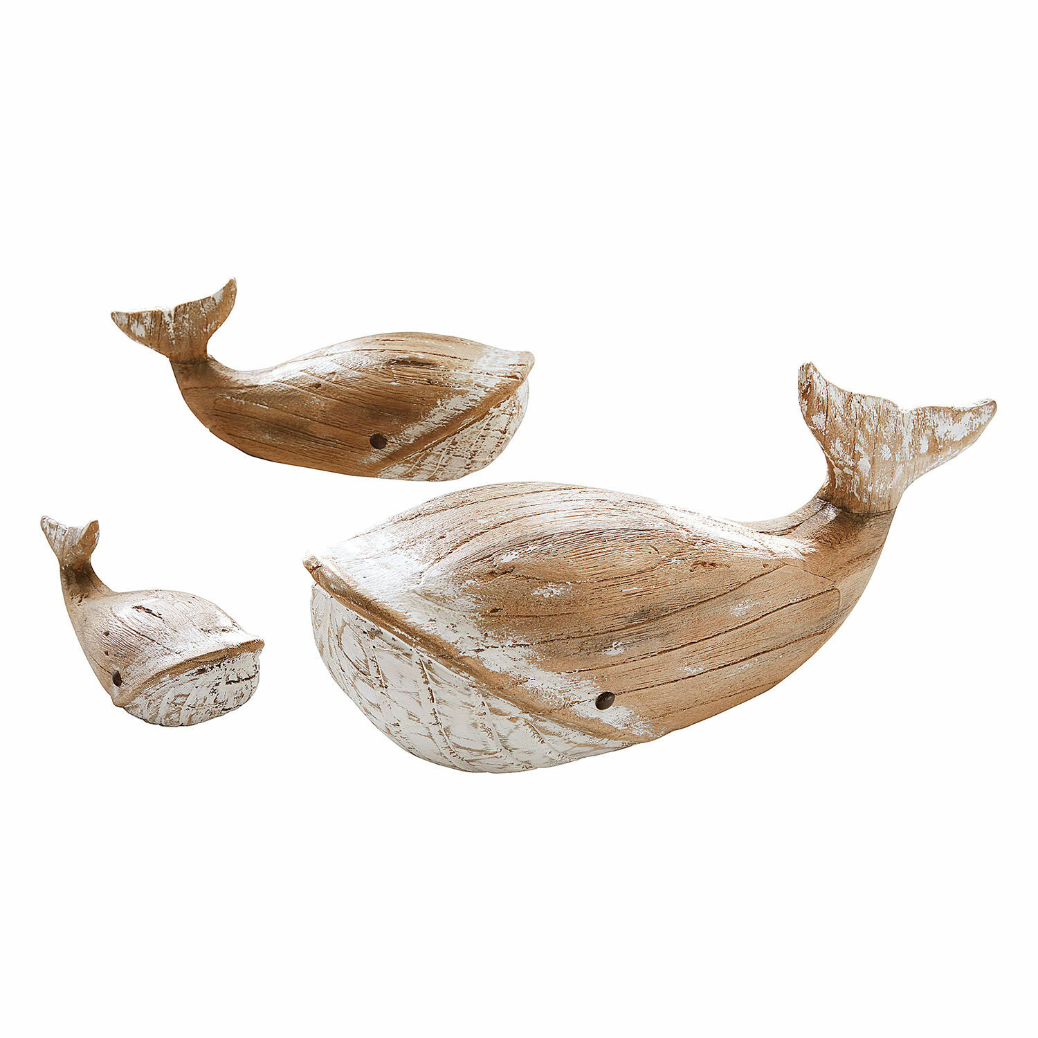 Set di 3 balene decorative Breezie Set di tre decorazioni a forma di balena in legno naturale con finitura bianca, complemento d'arredo.