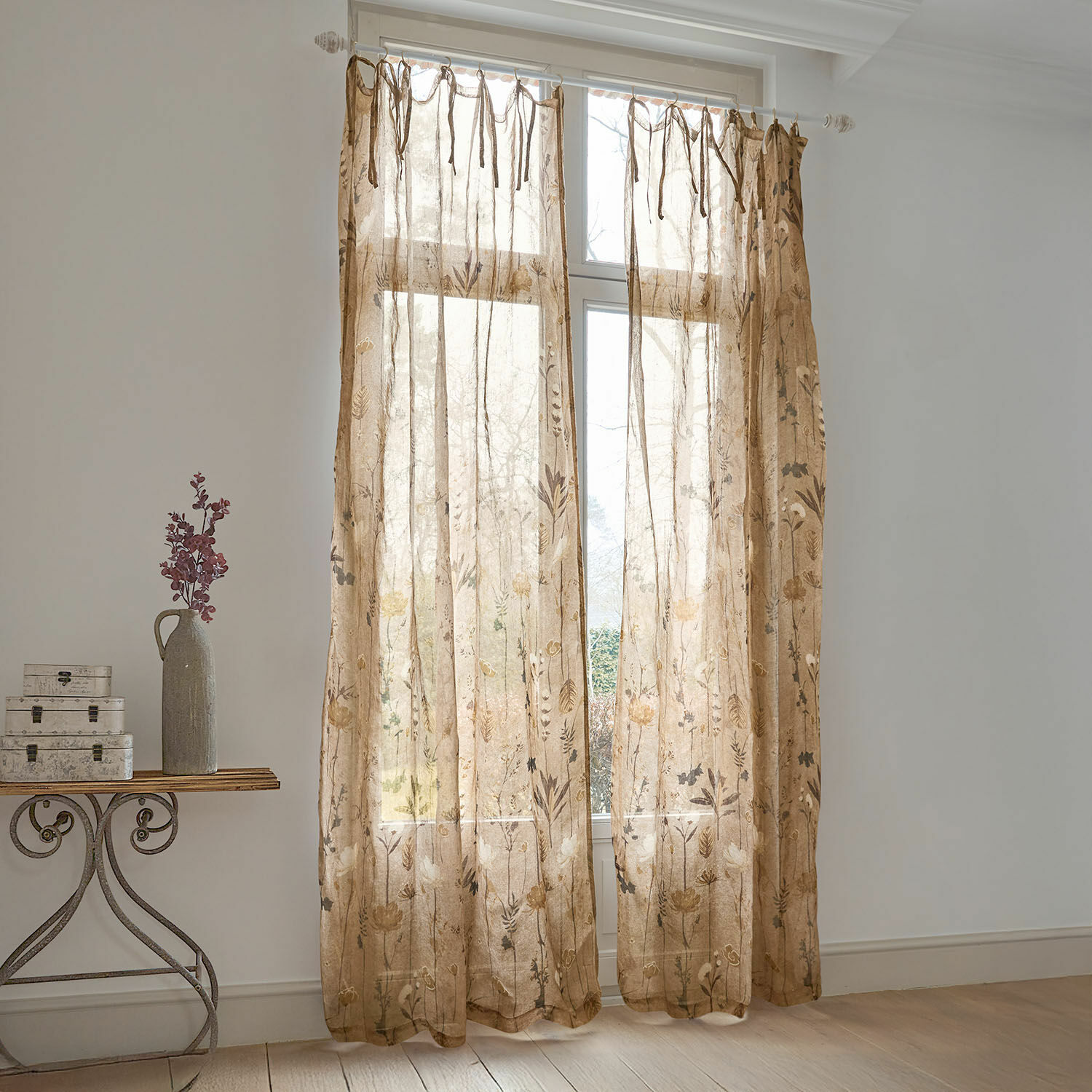 Tenda Norivelle Tende trasparenti in lino beige con motivo floreale per decorazione di finestre