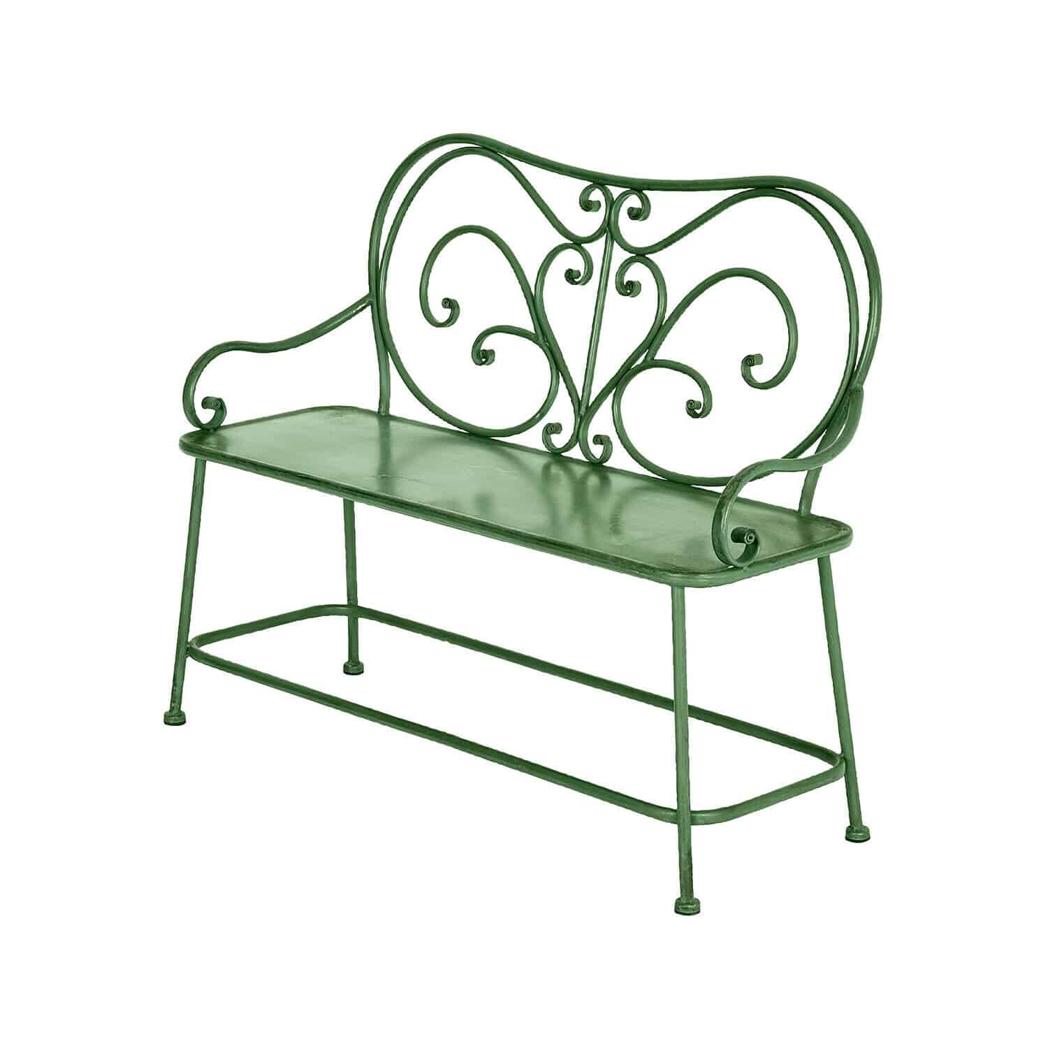 Banca Fernwick Panchina da giardino verde in metallo con schienale decorativo e braccioli, arredo esterno resistente