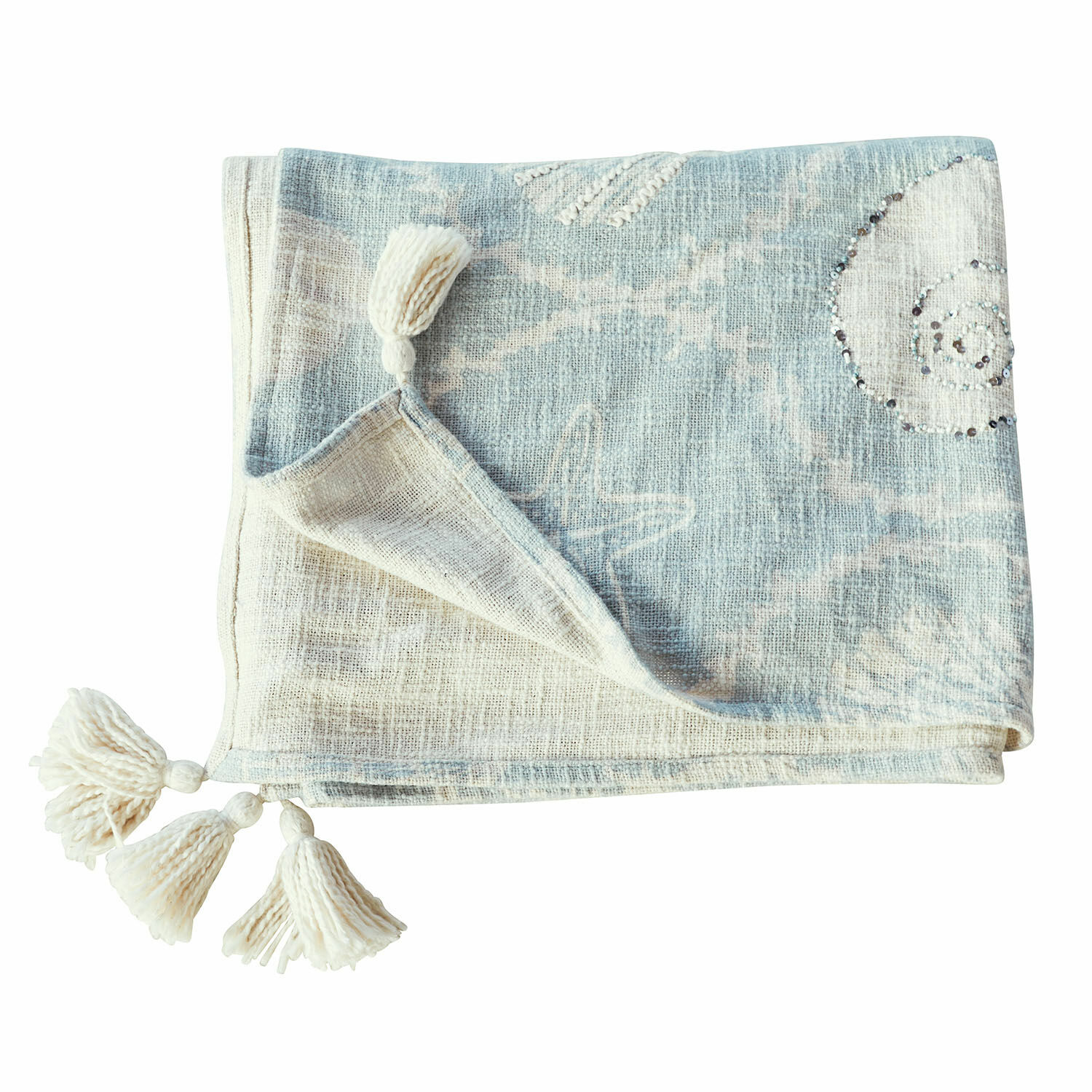 Plaid Calerand Plaid in cotone azzurro chiaro e crema con nappine e motivo conchiglia per decorazione d'interni