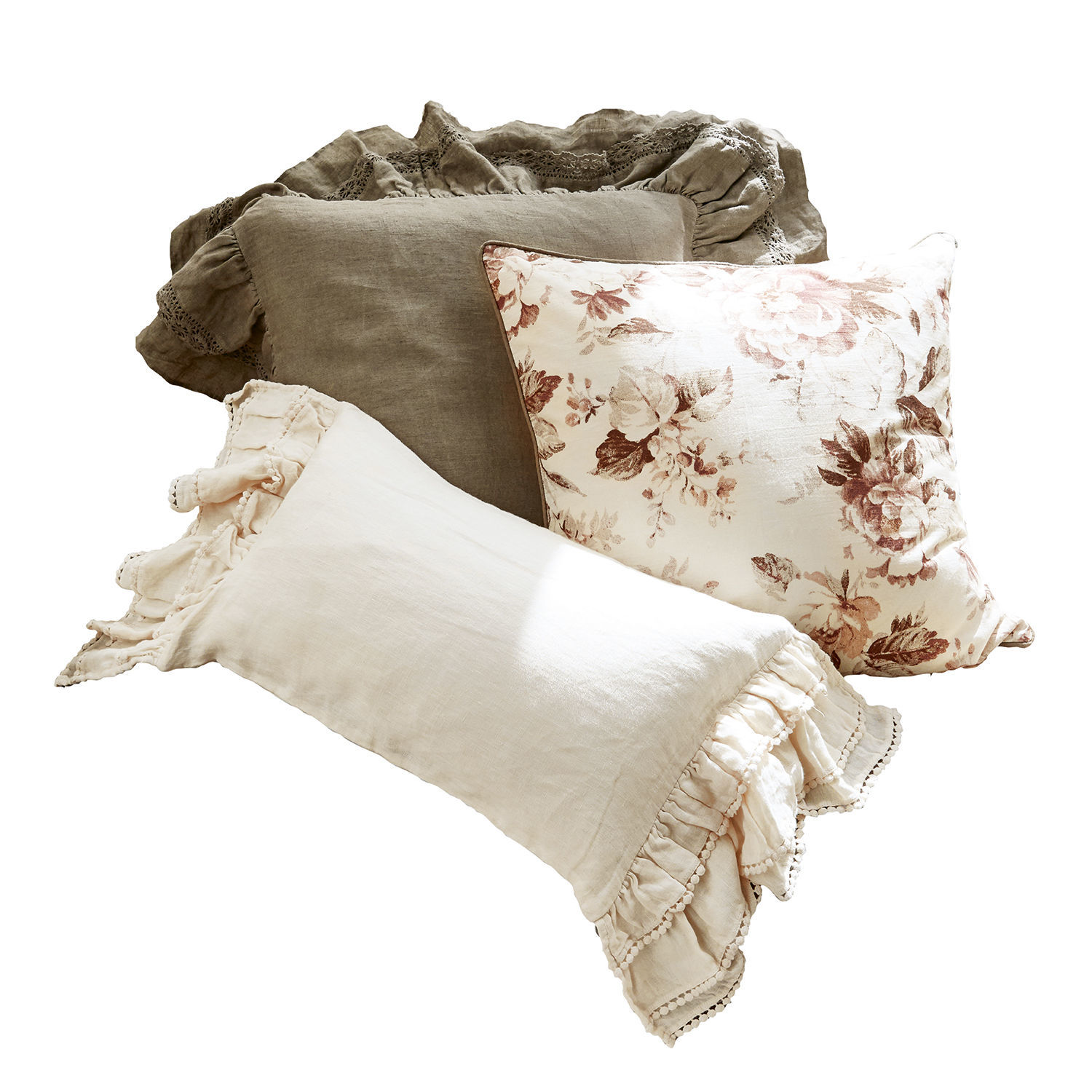 Set di 3 copricuscini Corbusier Set di tre cuscini decorativi in lino beige e marrone con motivo floreale per un soggiorno accogliente