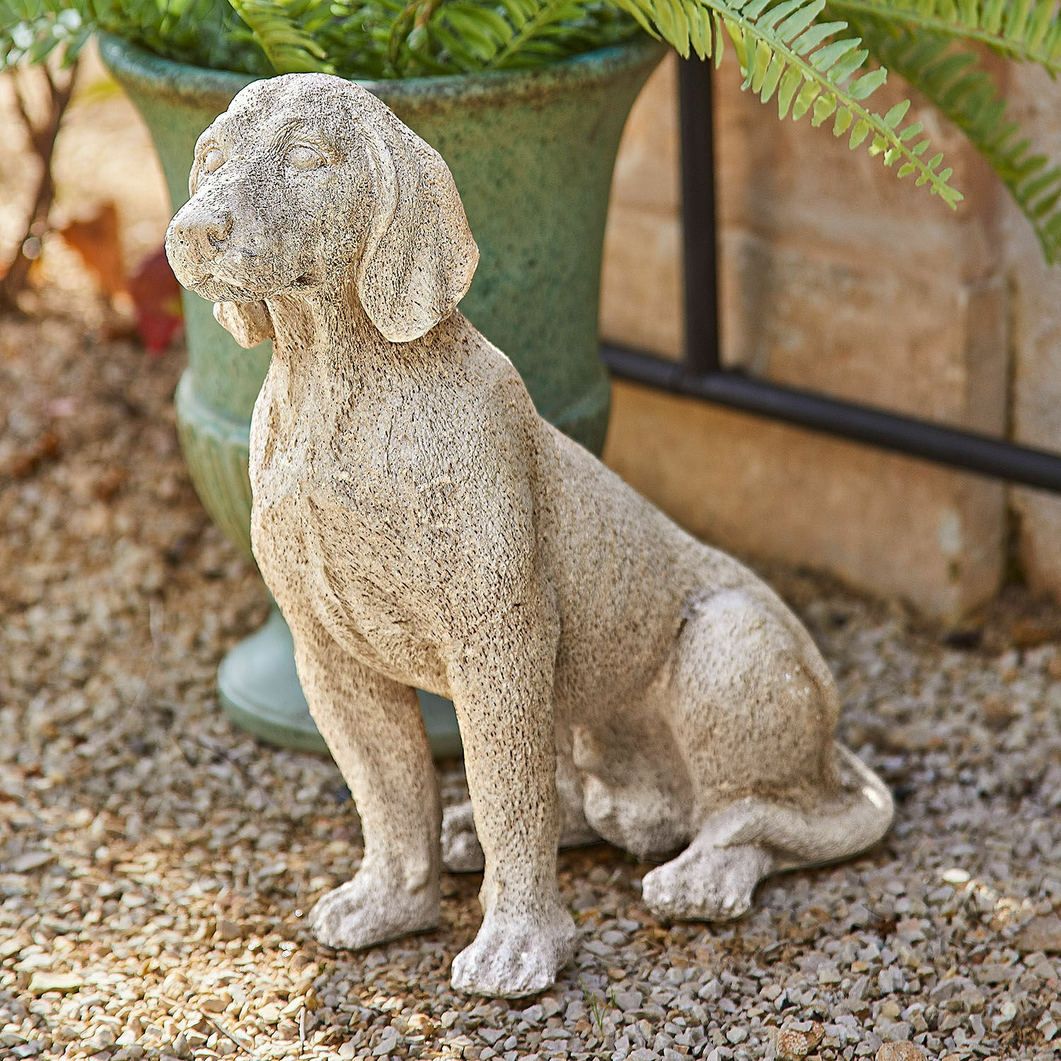 Cane decorativo Albinor Scultura decorativa di cane in pietra beige nel giardino su ghiaia