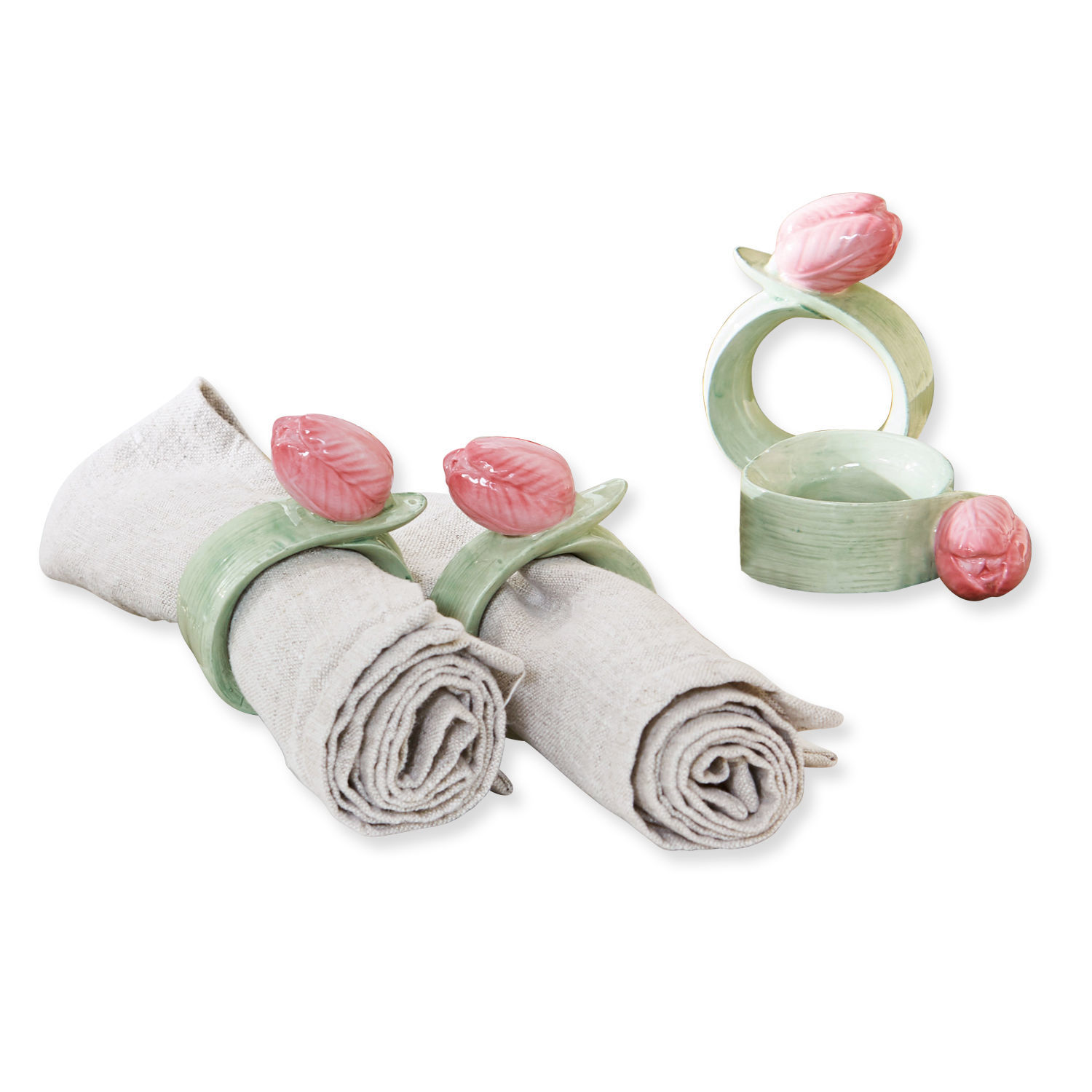 Set di 4 portatovaglioli ad anello Monique Set di anelli portatovaglioli in ceramica con fiori rosa e foglie verdi per decorazione tavola