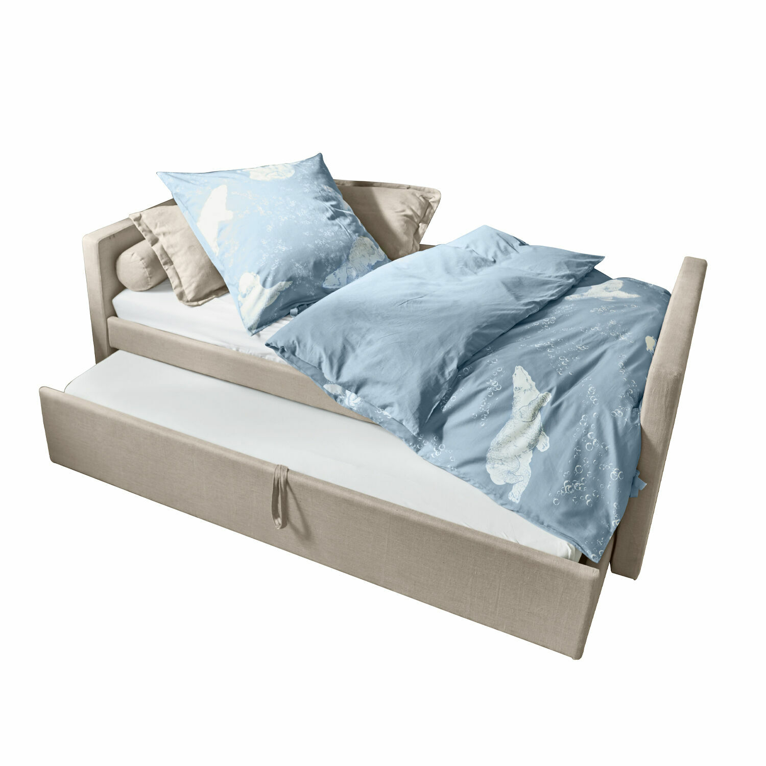 Letto Thistlewood Letto beige con materasso estraibile e biancheria da letto blu con motivo orso polare, tessuto
