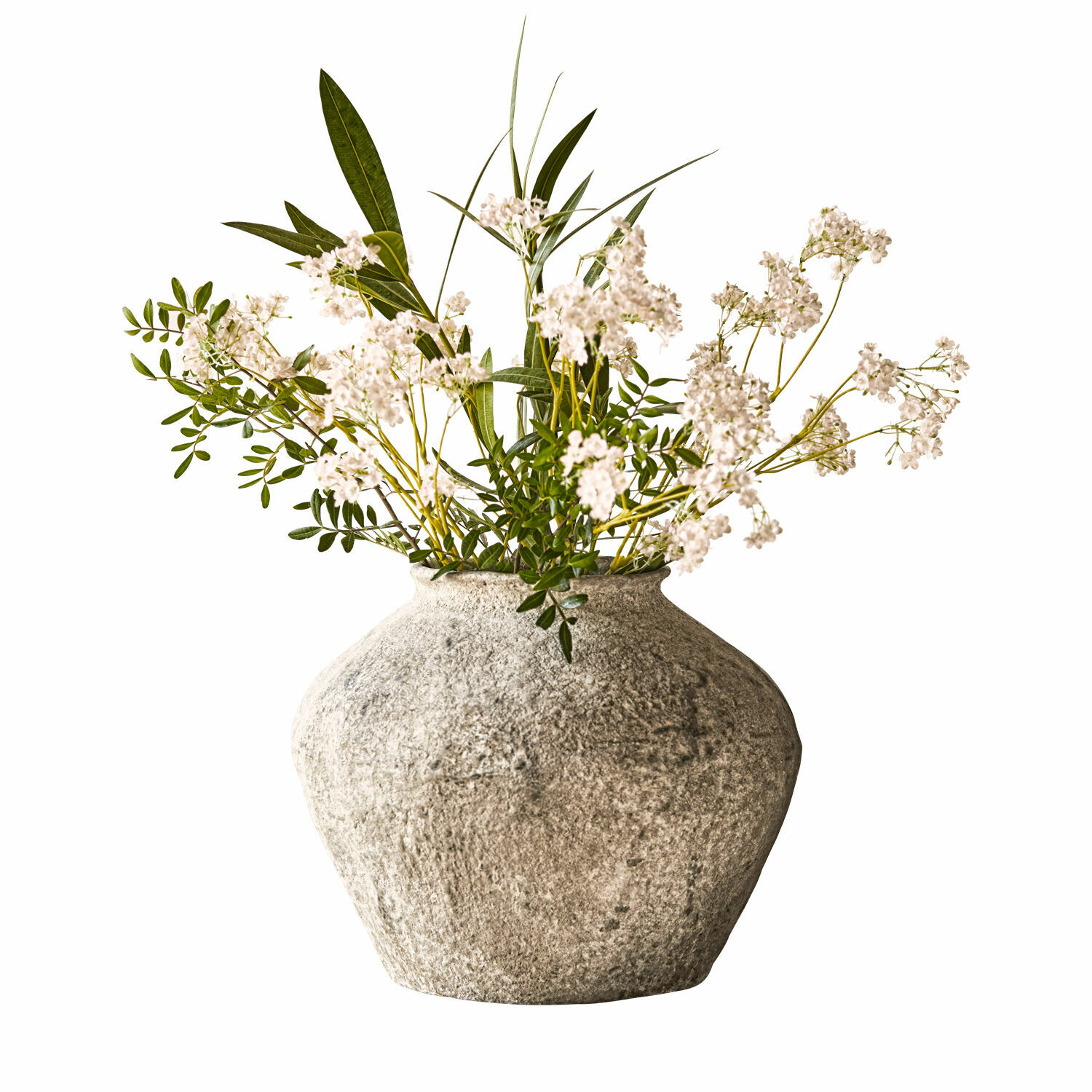 Vaso Champs Vaso decorativo in pietra grigia con fiori bianchi e foglie verdi per arredamento interno