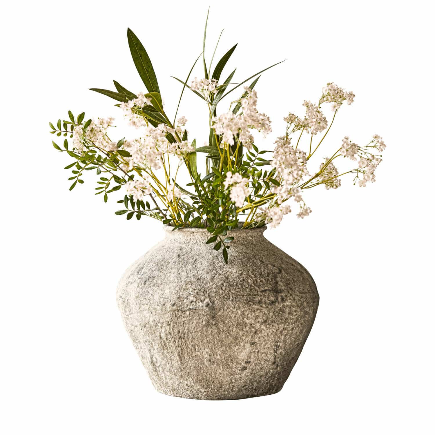 Vaso Champs Vaso decorativo in pietra grigia con fiori bianchi e foglie verdi per arredamento interno