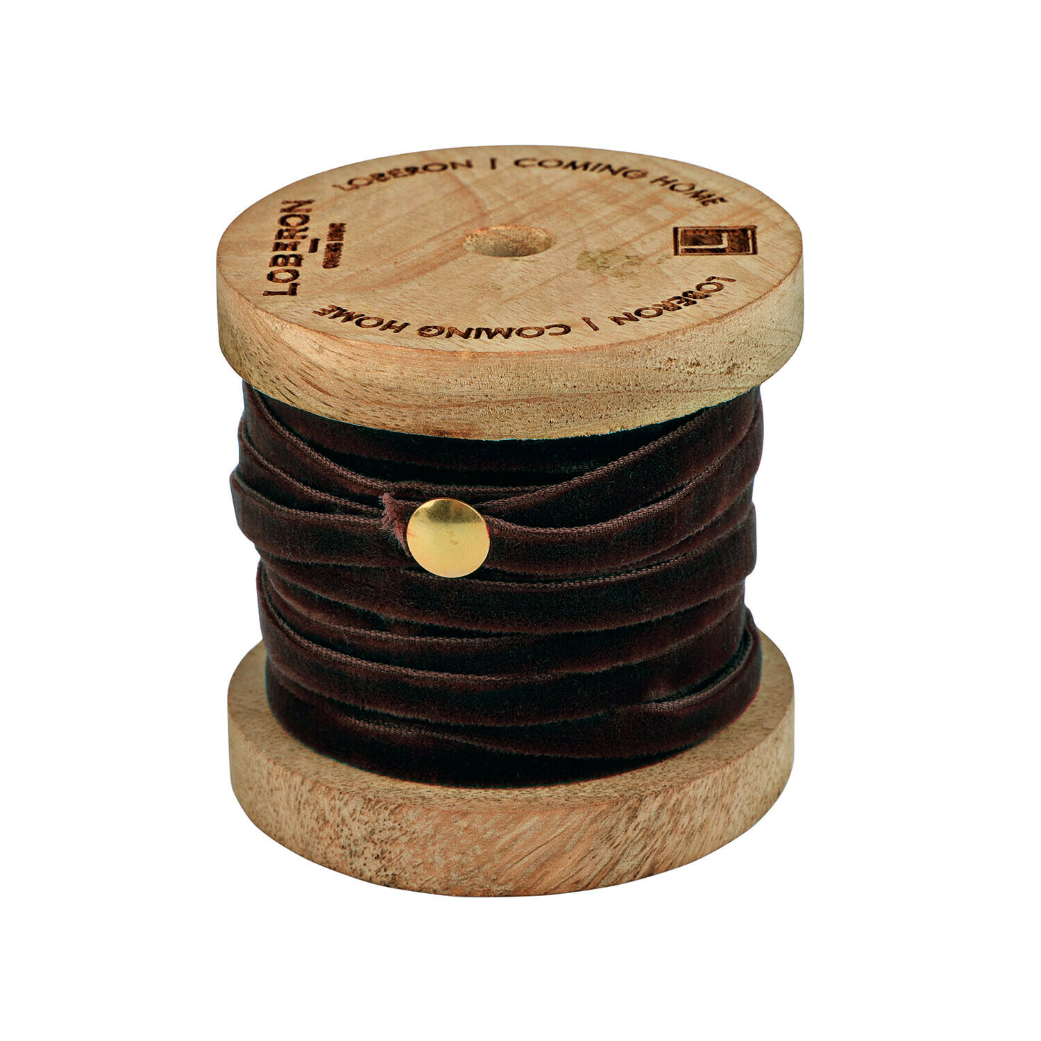 Nastro in velluto marrone Olessa su rocchetto di legno, nastro decorativo per artigianato e decorazioni