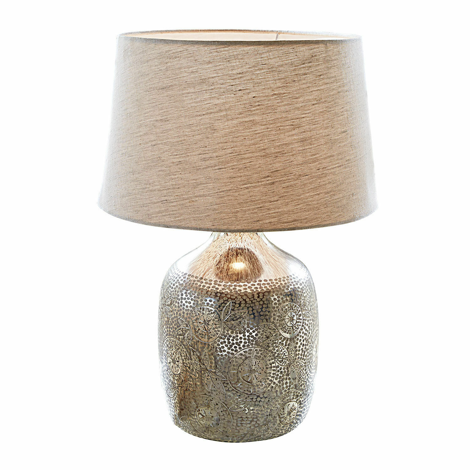 Lampada da tavolo Leonarda Lampada da tavolo con base in metallo dorato antico e paralume beige in tessuto per interni