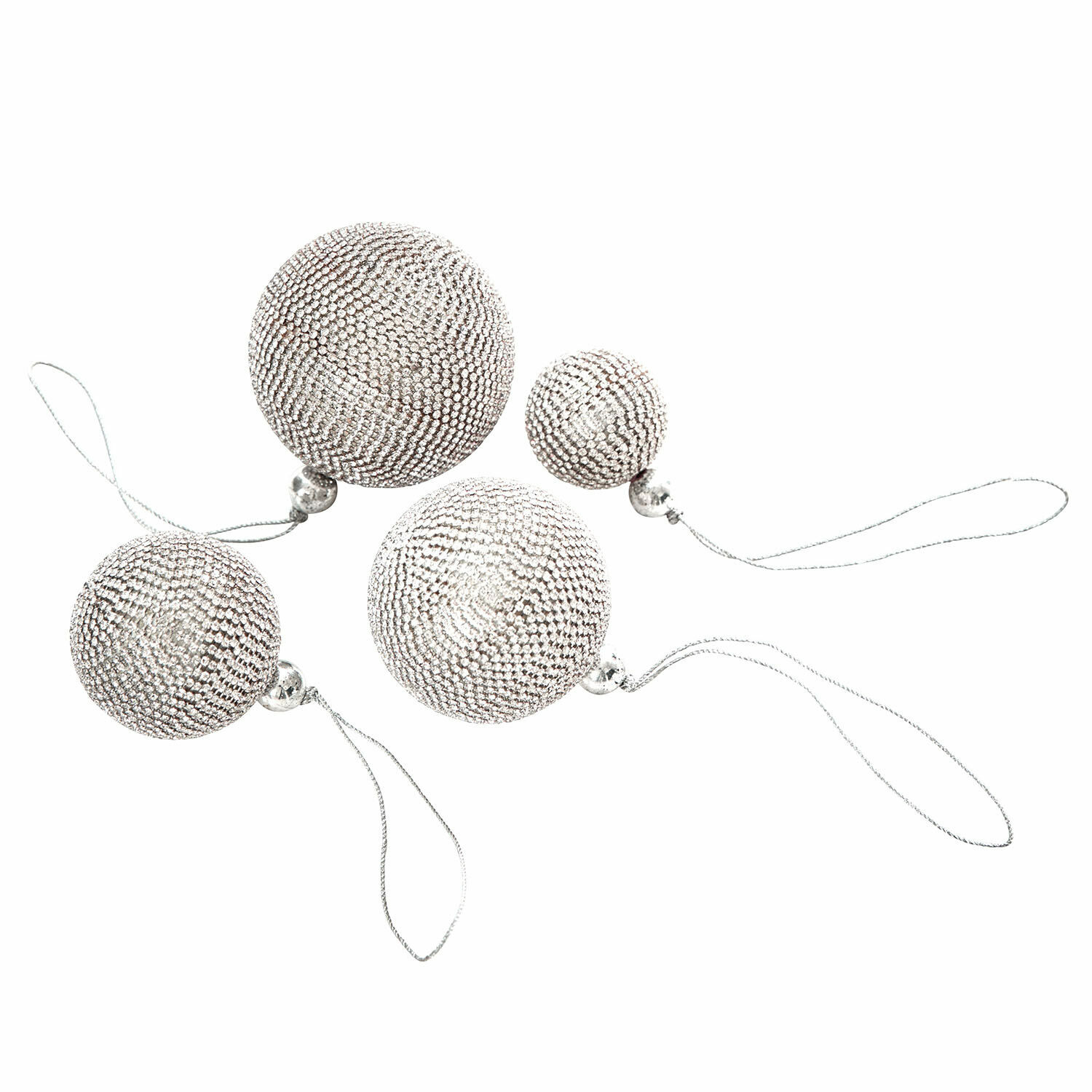 Set di 4 gingilli natalizi Varnor Set di quattro palline di Natale argento con paillettes lucenti e cordini per appendere