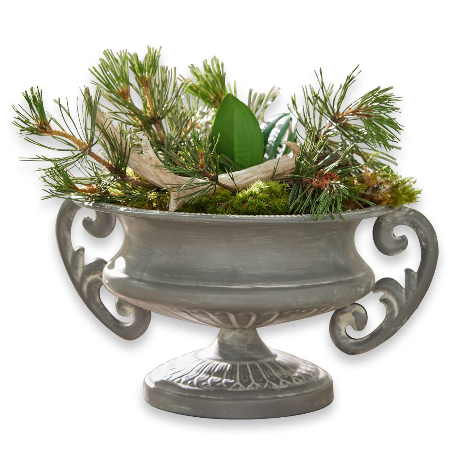 Vaso grigio Taville in metallo con manici decorativi e piante verdi decorative