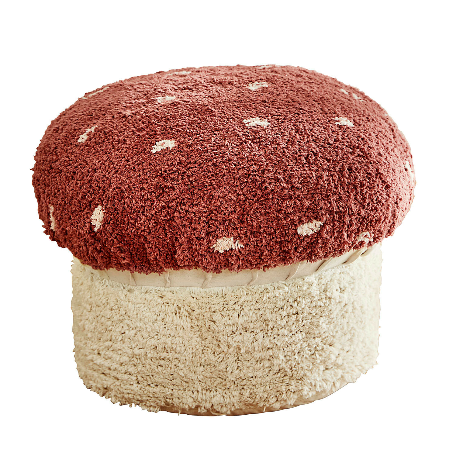 Pouf Norilie Pouf a forma di fungo in materiale morbido rosso e crema, mobile decorativo per soggiorno