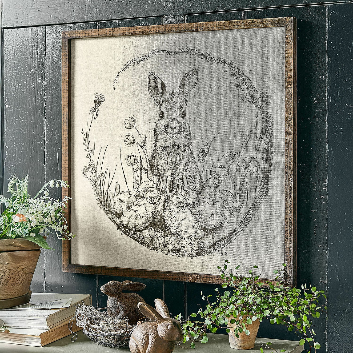 Quadro decorativo Orolac Quadro con disegno di conigli e fiori in cornice di legno, decorazione rustica da parete