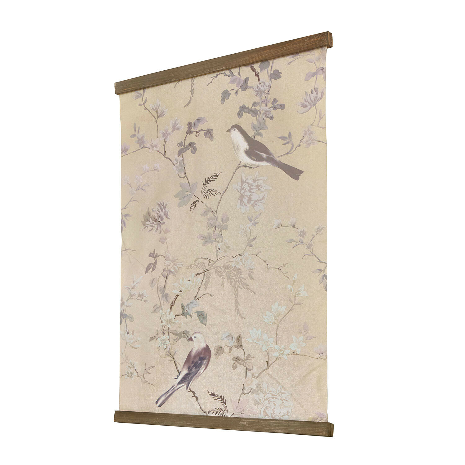 Pannello decorativo Florémont Pannello decorativo in tessuto beige con motivo di uccelli e fiori, cornici in legno sopra e sotto