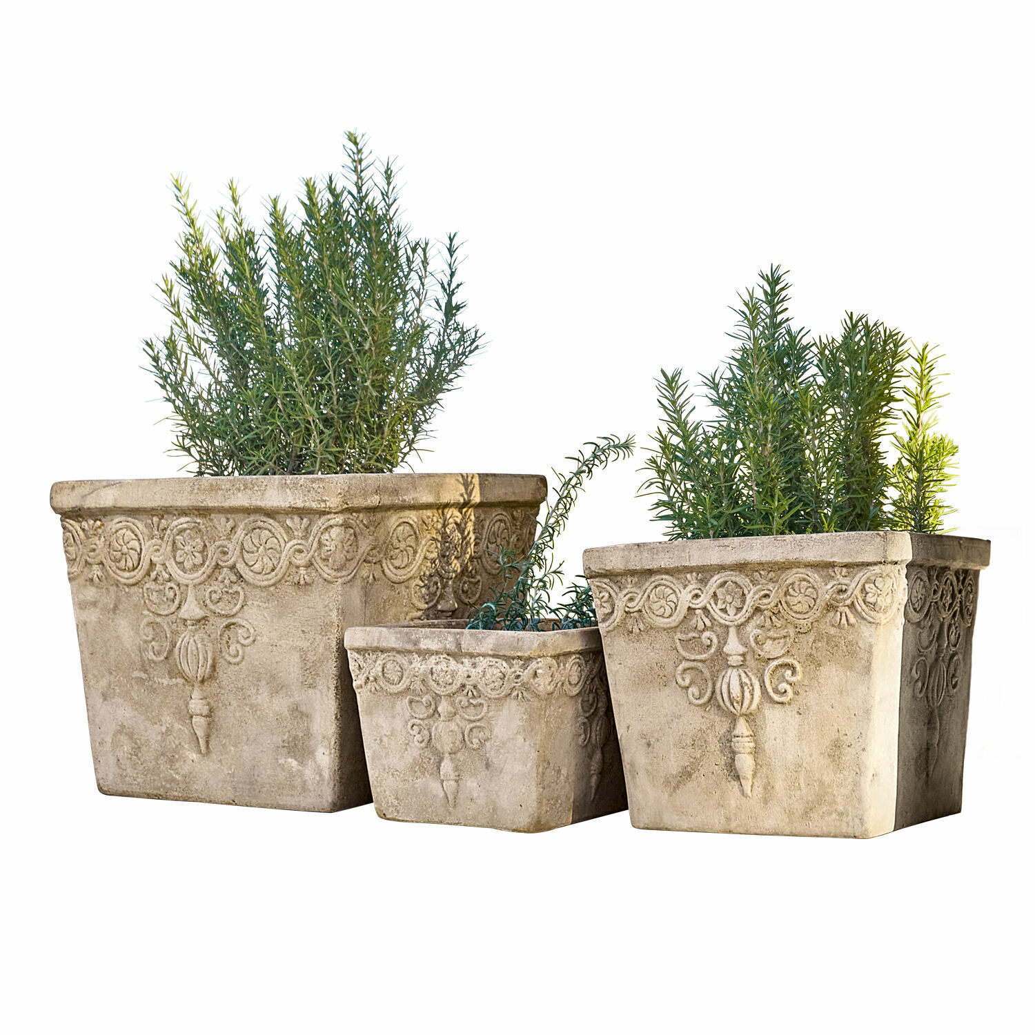 Set di 3 portavasi Bissone Set di tre vasi decorativi in cemento beige con piante verdi per giardino esterno