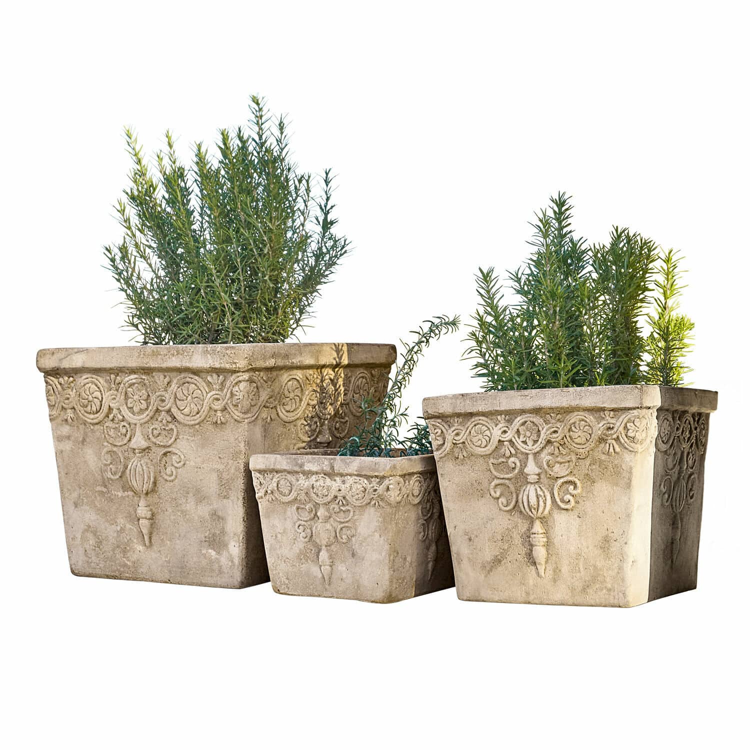 Set di 3 portavasi Bissone Set di tre vasi decorativi in cemento beige con piante verdi per giardino esterno