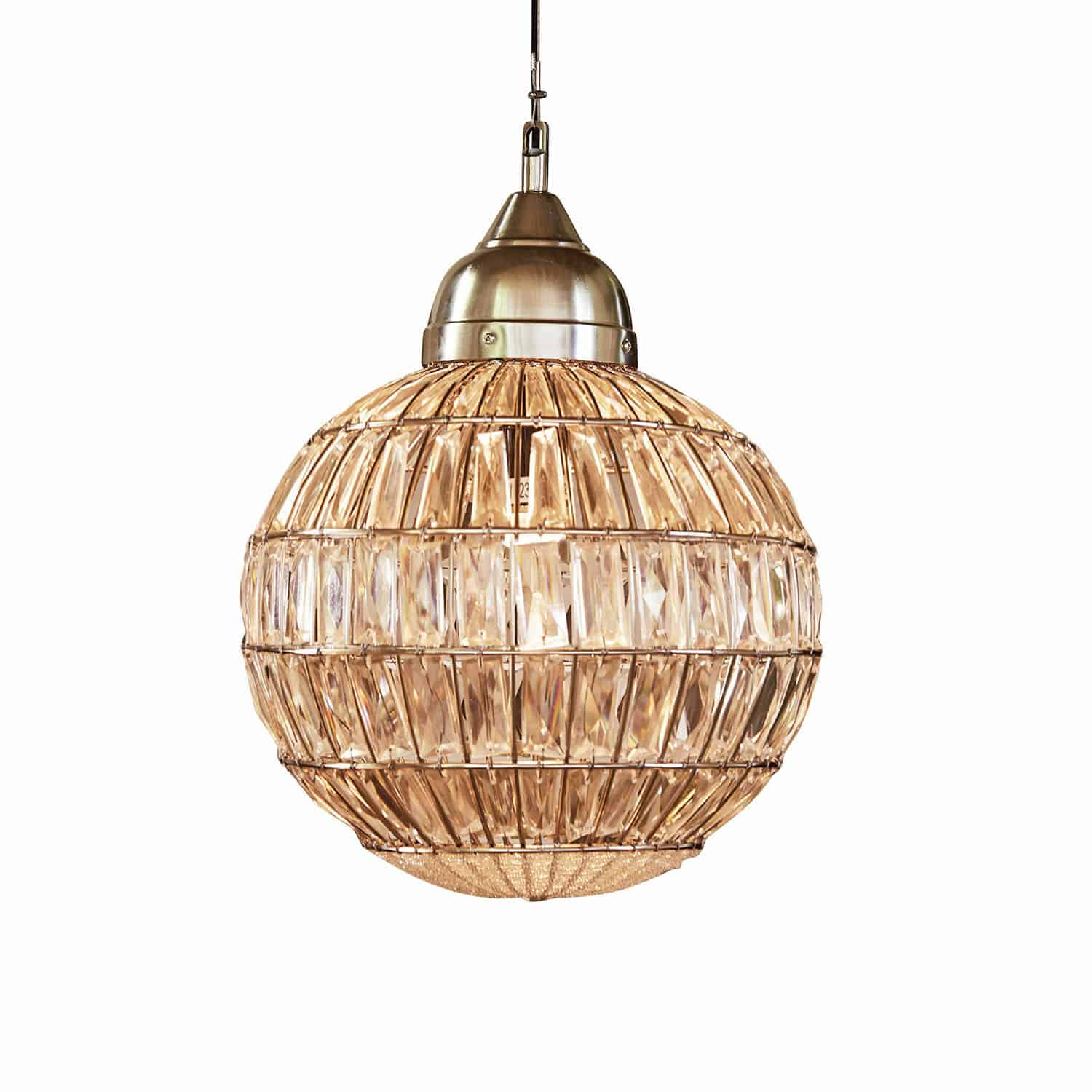 Lampadario Lanebrook Lampada a sospensione rotonda in vetro e metallo color ottone, illuminazione decorativa moderna
