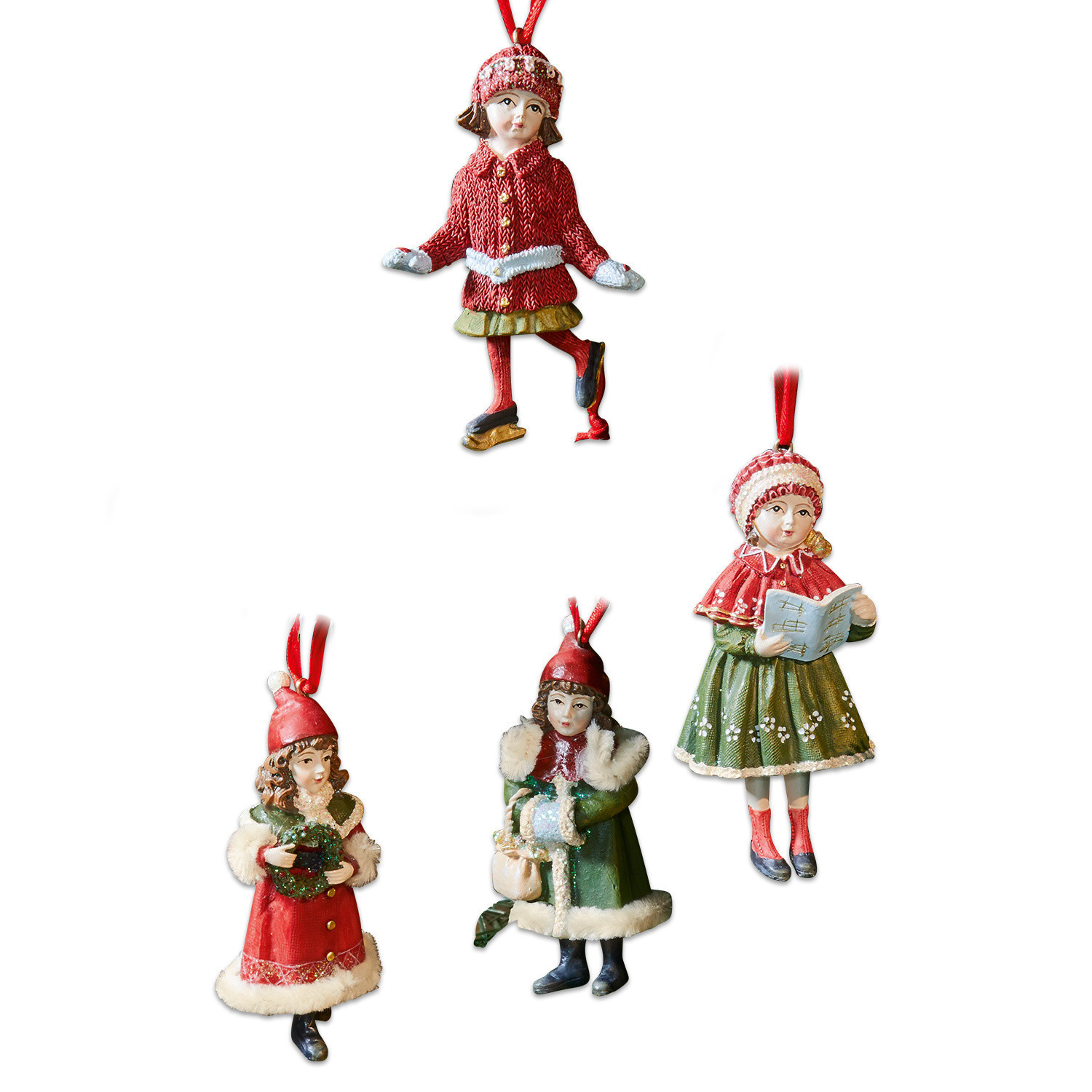 Set di 4 addobbi da appendere Nostalgic Set di quattro decorazioni natalizie con bambini in abiti invernali rossi e verdi per albero