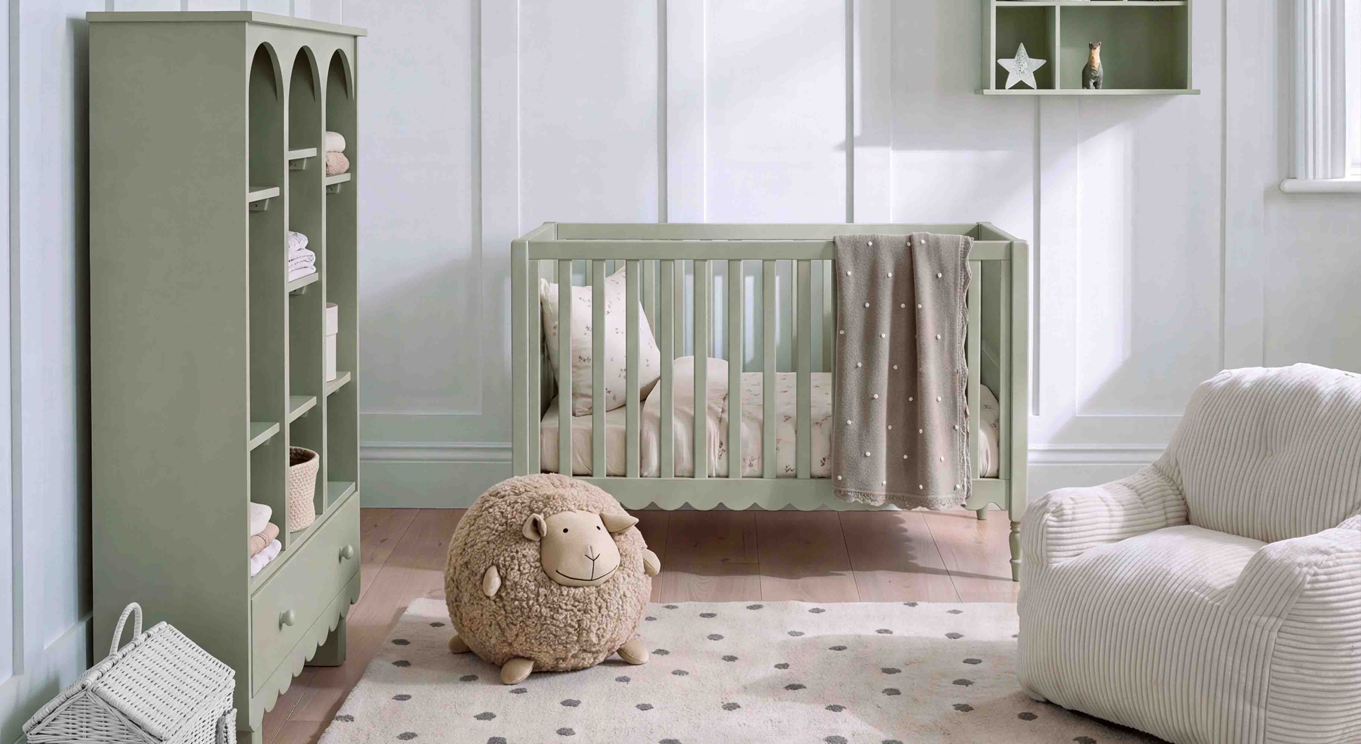 Lettino e scaffale in legno verde menta in cameretta con peluche a forma di pecora