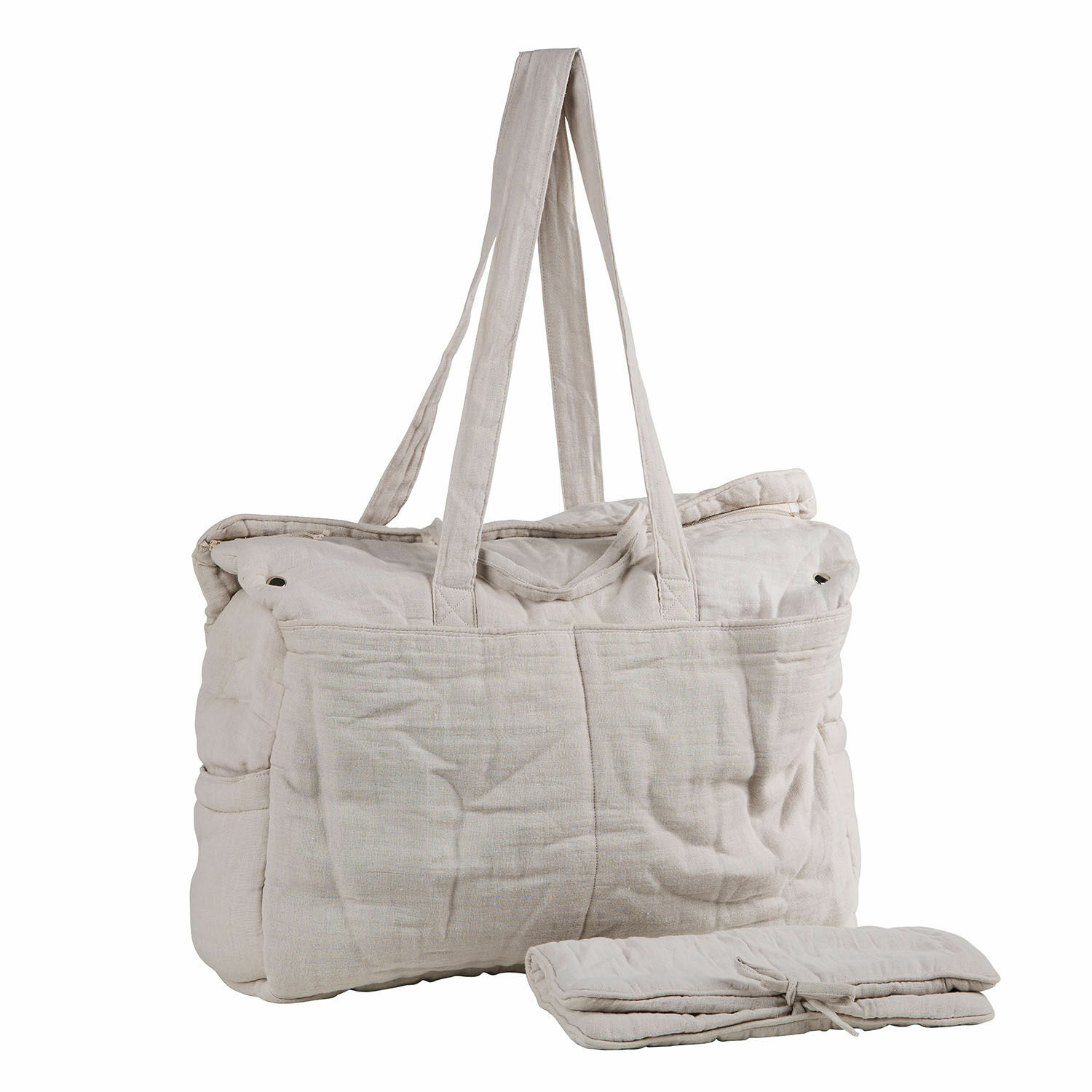 Borsa fasciatoio Mireval Borsa da viaggio beige in tessuto con manici lunghi e elemento piegato accanto, borsa pratica