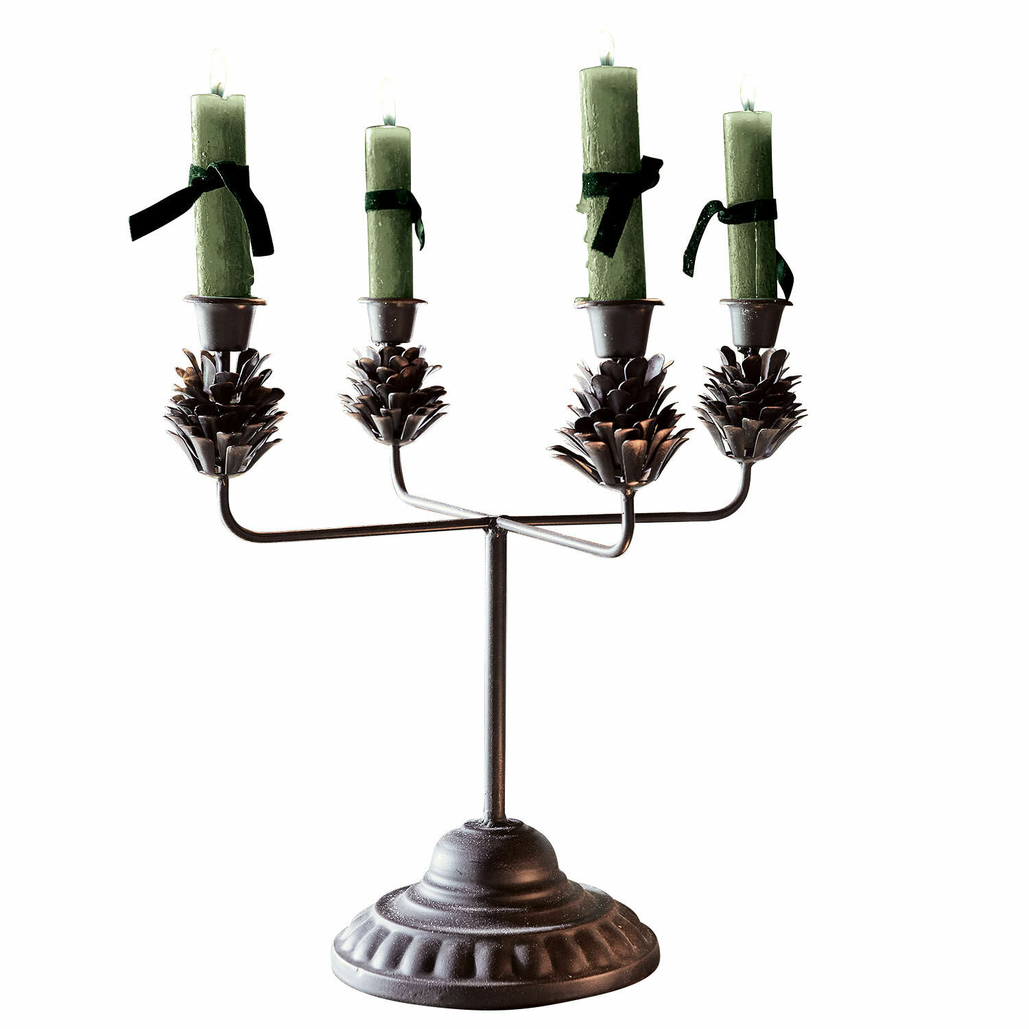 Candeliere Spencer Candelabro in metallo con quattro candele verdi e decorazioni a pigna, decorazione da tavolo