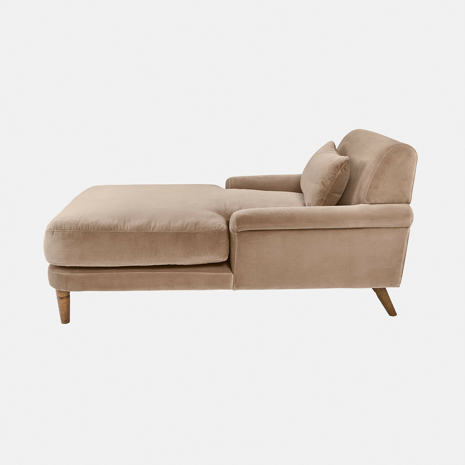 beige Chaise longue beige in tessuto morbido con cuscino e gambe in legno per relax confortevole