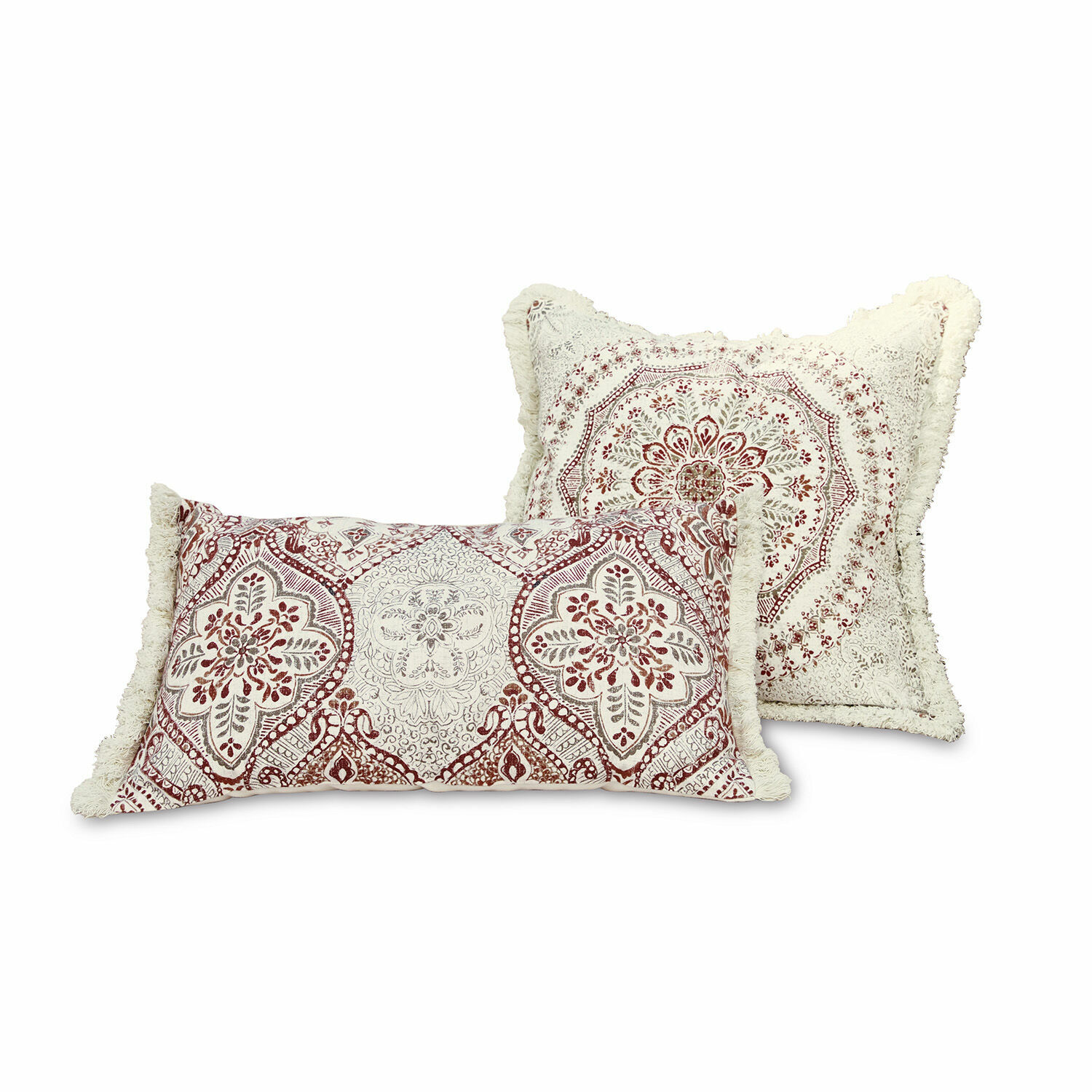 Coppia di copricuscini Margret Set di due cuscini decorativi in cotone crema e rosso con frange e motivi floreali