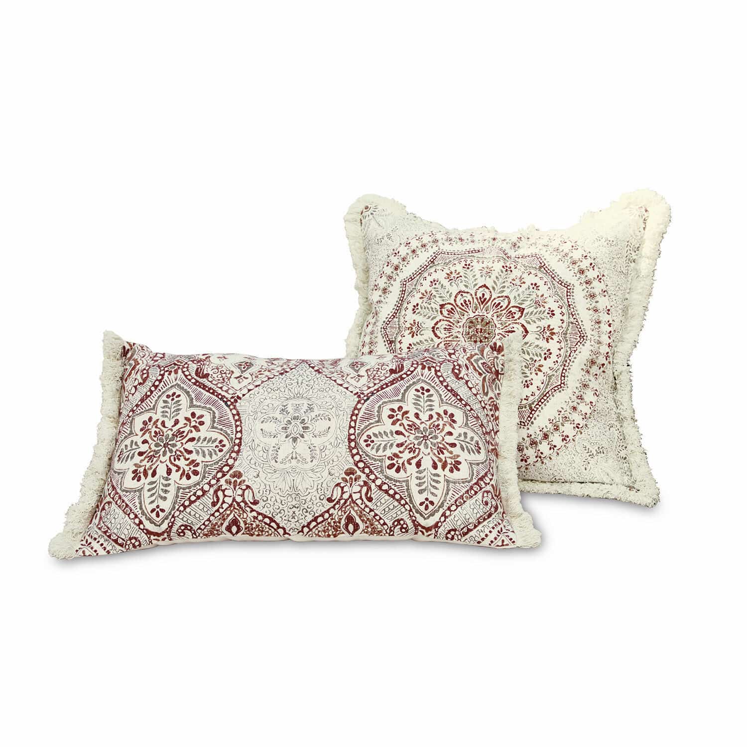 Coppia di copricuscini Margret Set di due cuscini decorativi in cotone crema e rosso con frange e motivi floreali