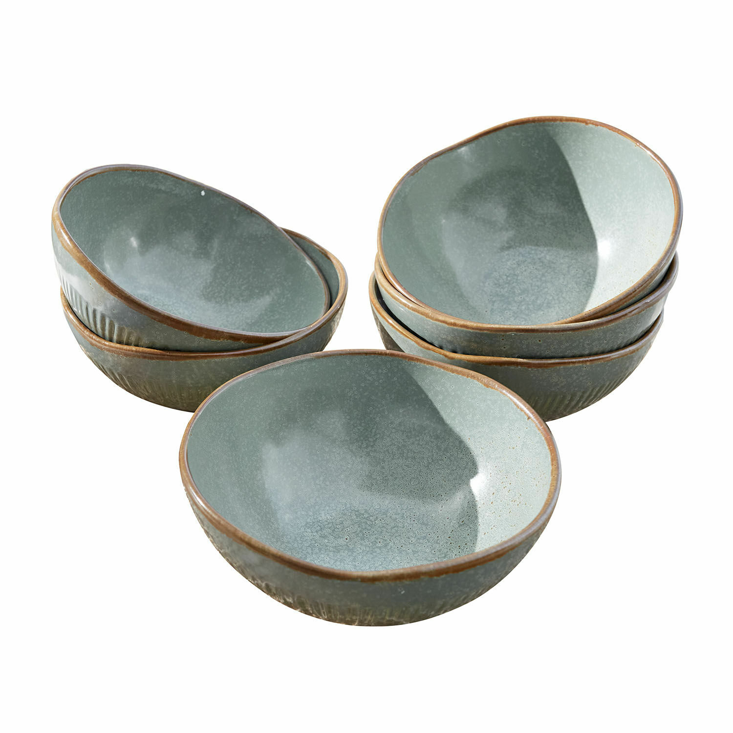 Set di 6 ciotole Périers Set di ciotole in ceramica verde con bordo marrone, perfette per zuppe o insalate