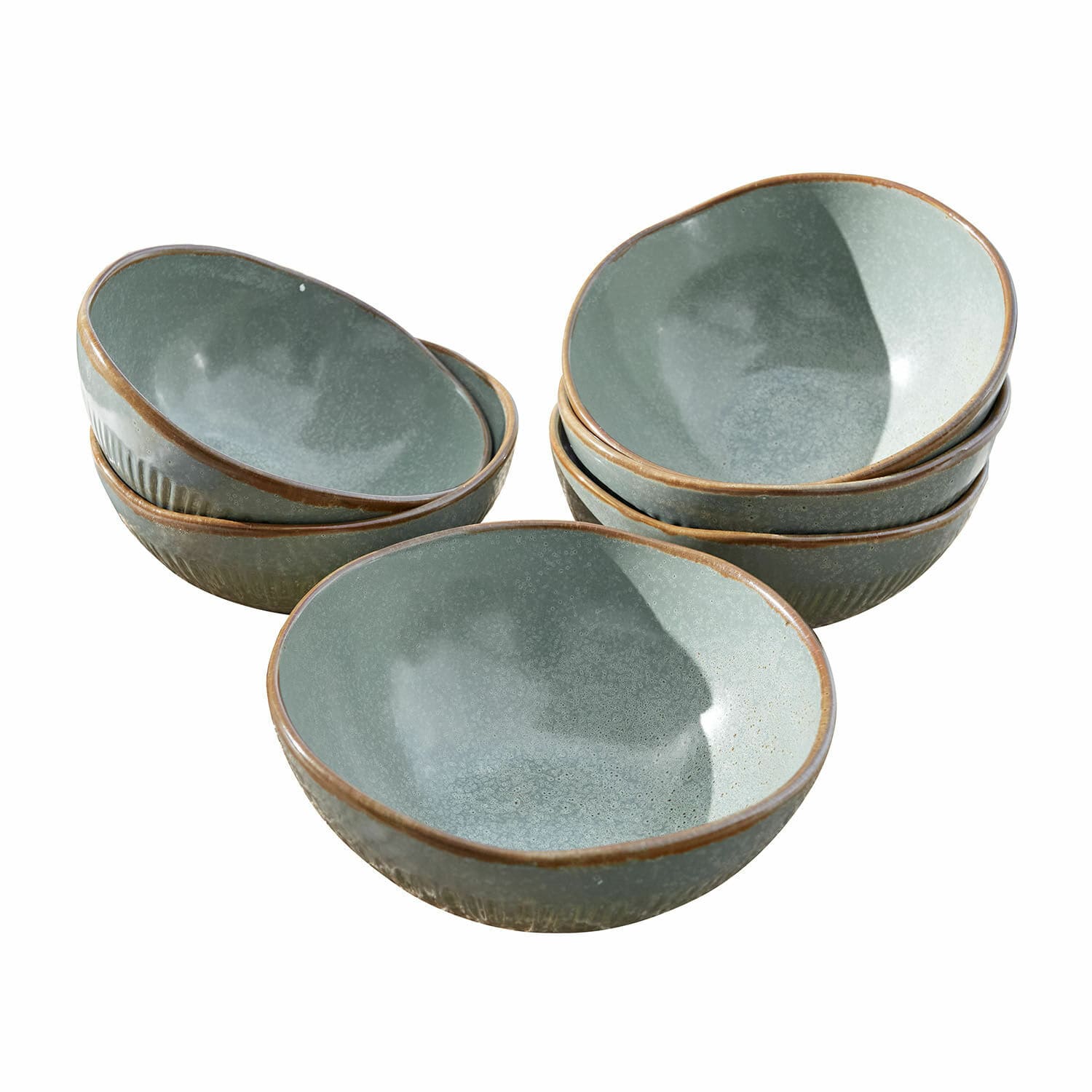 Set di 6 ciotole Périers Set di ciotole in ceramica verde con bordo marrone, perfette per zuppe o insalate