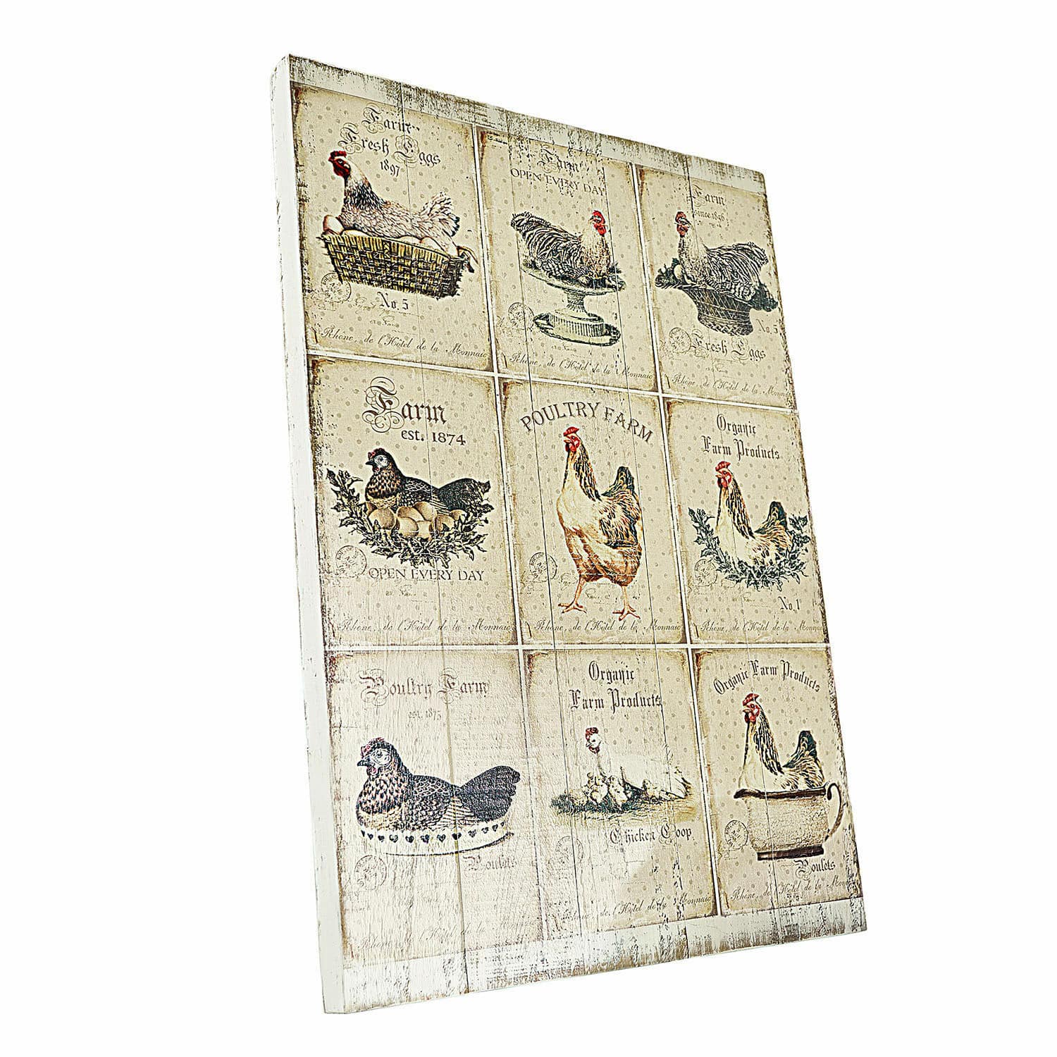 Pannello decorativo Montesse Tavola decorativa in legno con motivi di galline e scritte vintage per cucina e casa