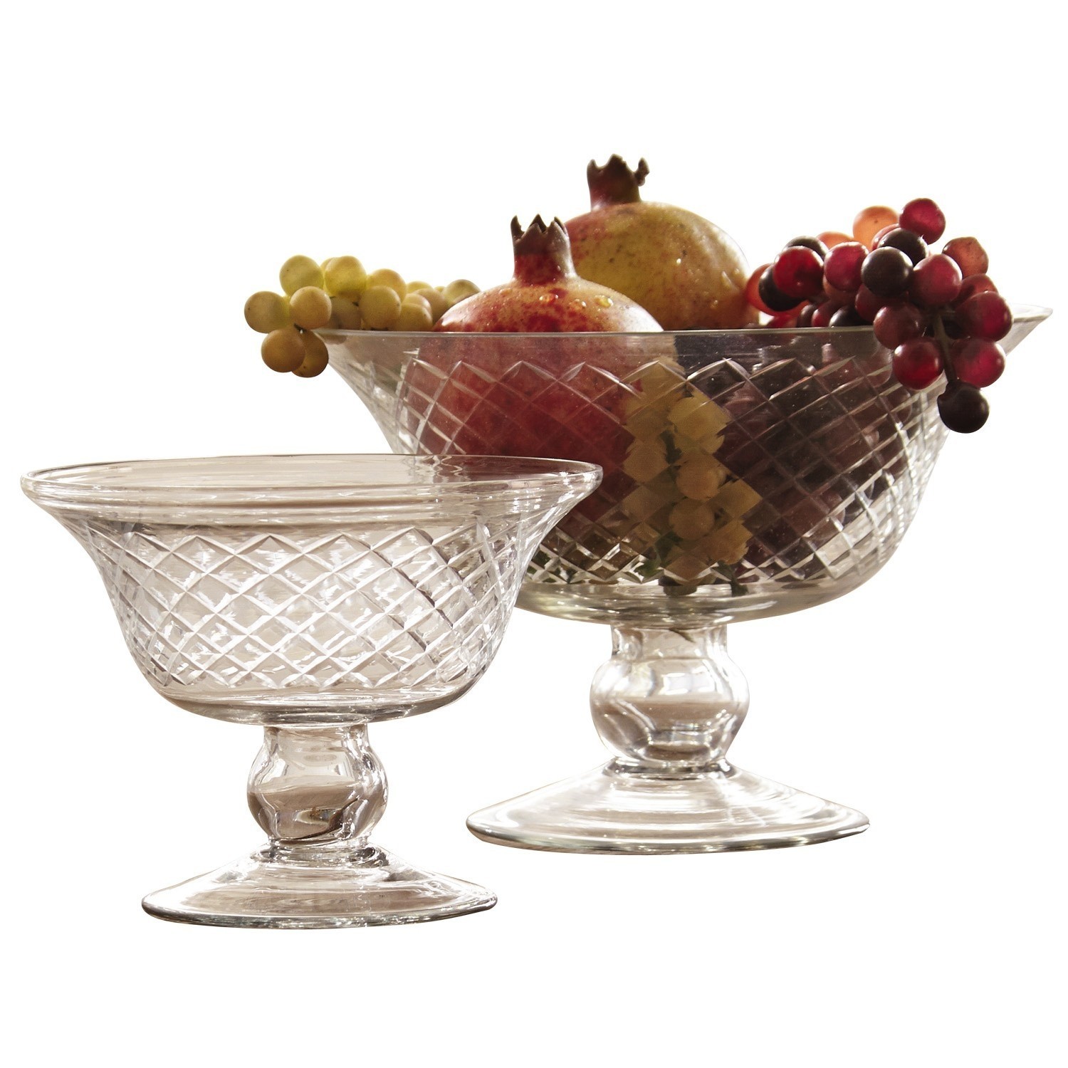 Coppia di centrotavola Kadence Coppe in vetro cristallino con motivo a rombi, una con frutta, decorazione elegante per tavola