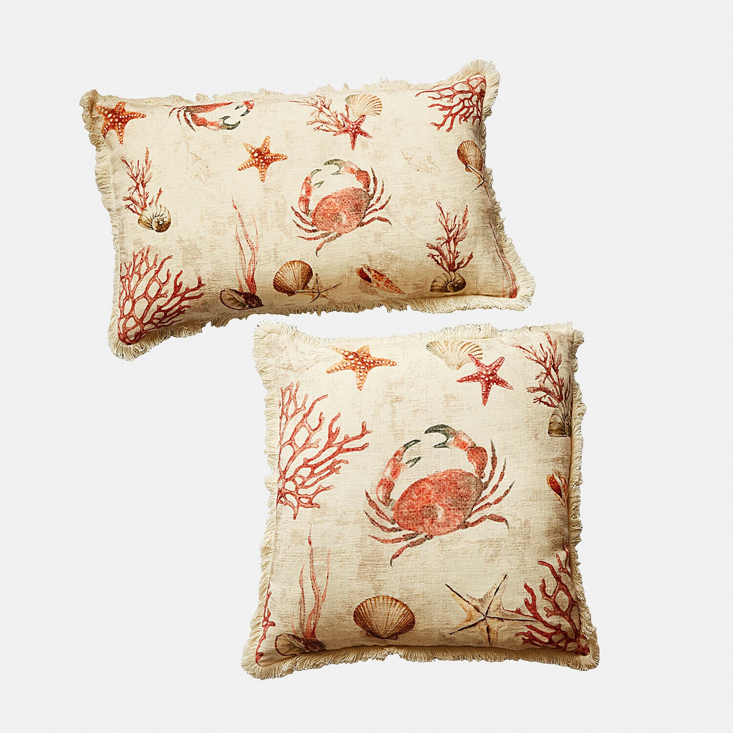 Coppia di copricuscini Celorin Set di due cuscini decorativi in lino beige con motivo granchio e conchiglie, bordi con frange